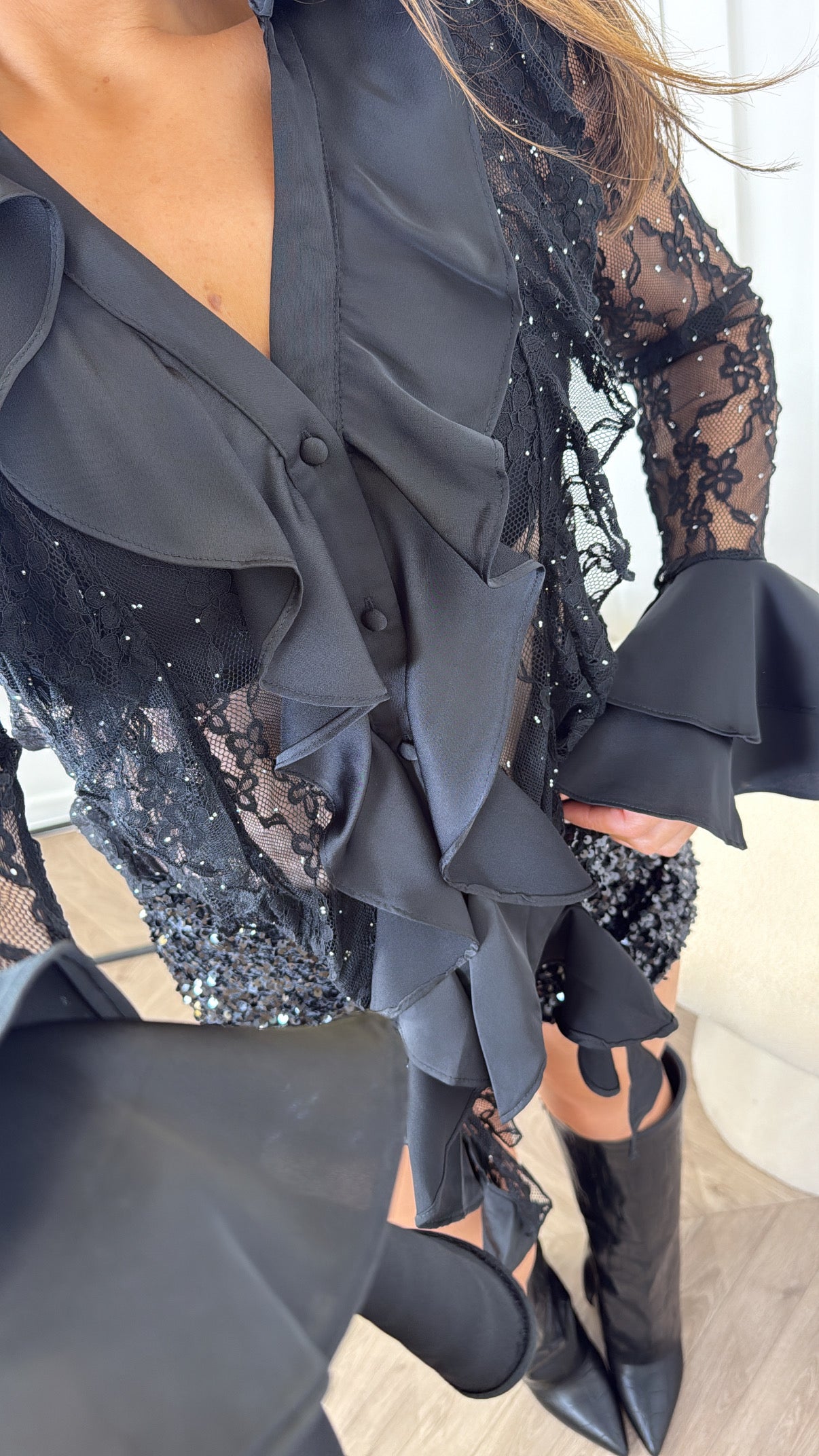 FRANKIE black lace blouse with ruffle & jewel detailing