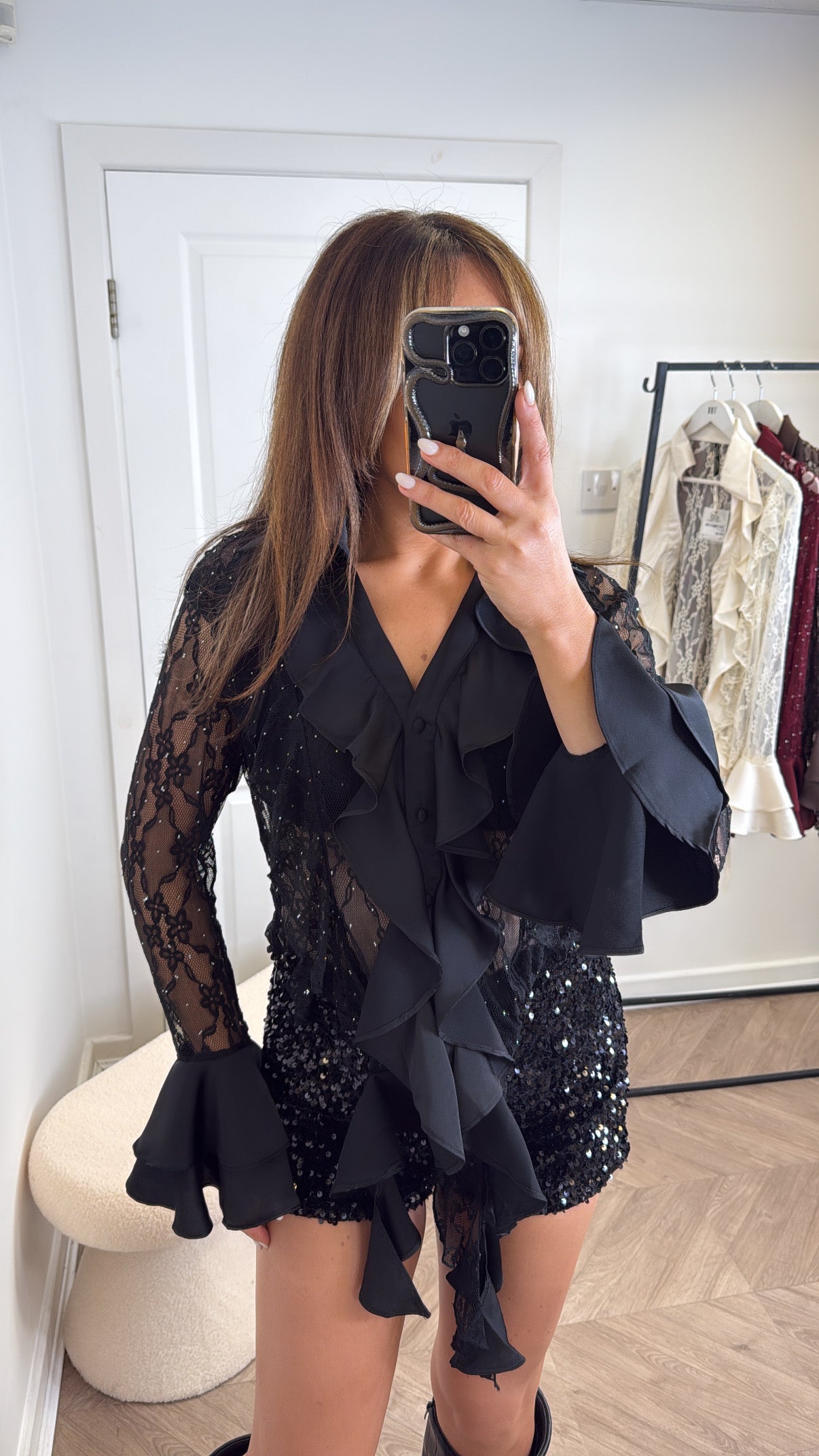 FRANKIE black lace blouse with ruffle & jewel detailing