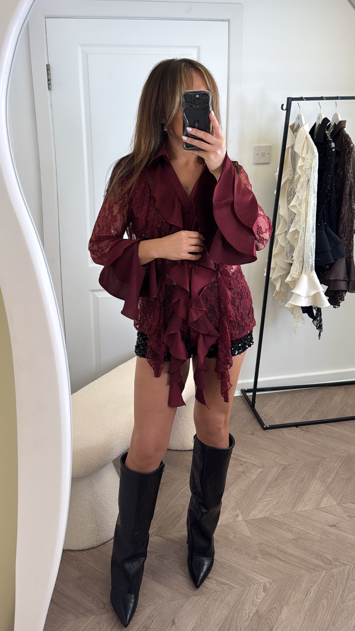 FRANKIE burgundy lace blouse with ruffle & jewel detailing