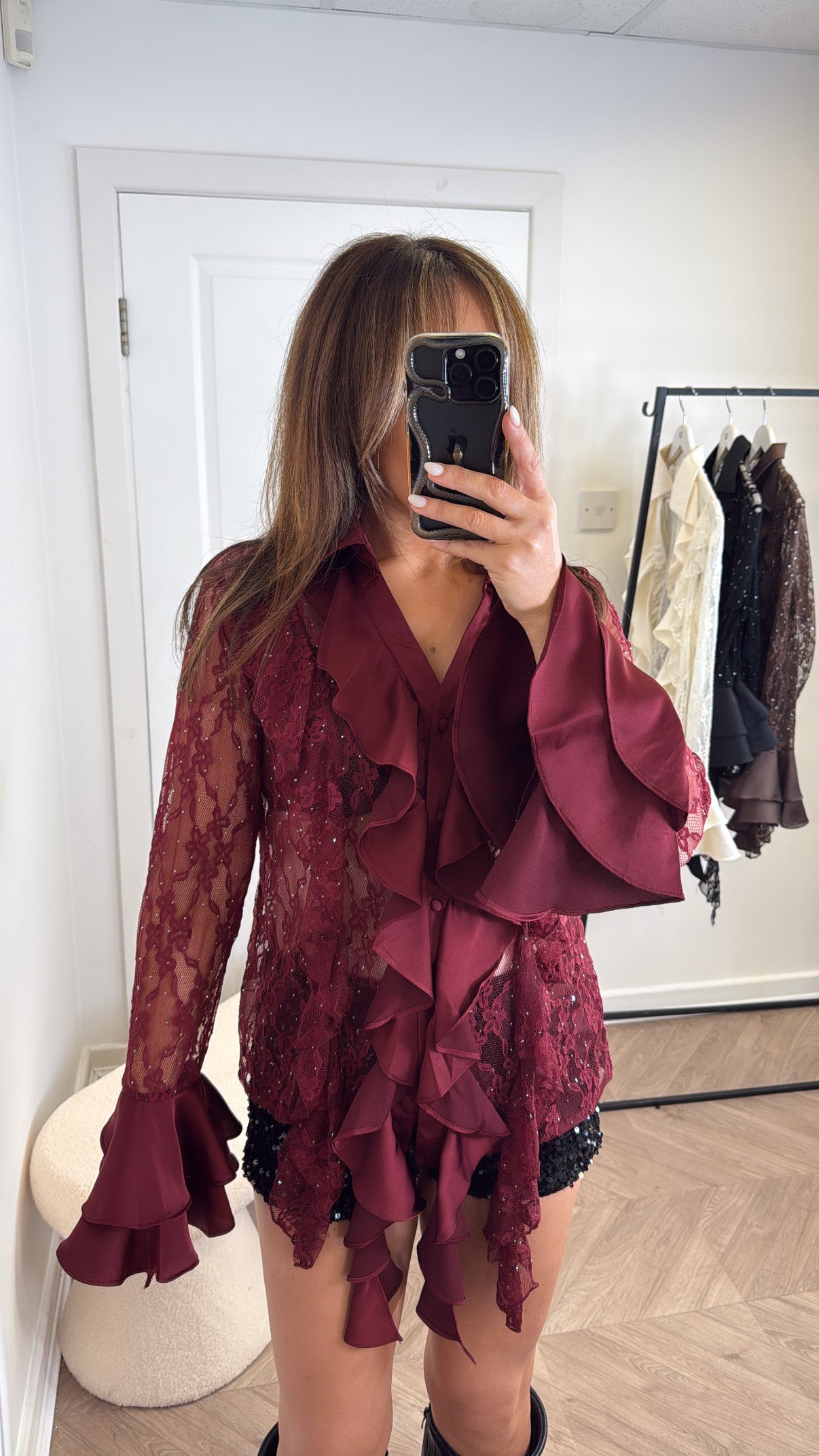 FRANKIE burgundy lace blouse with ruffle & jewel detailing