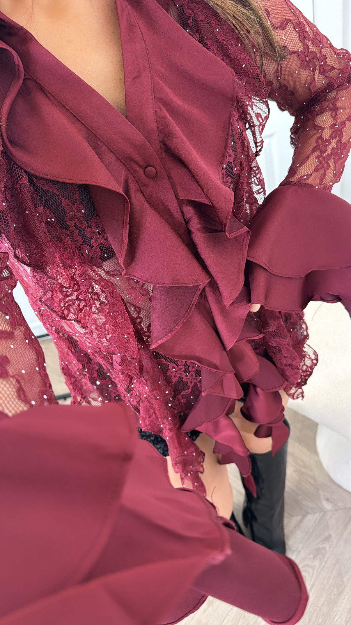 FRANKIE burgundy lace blouse with ruffle & jewel detailing