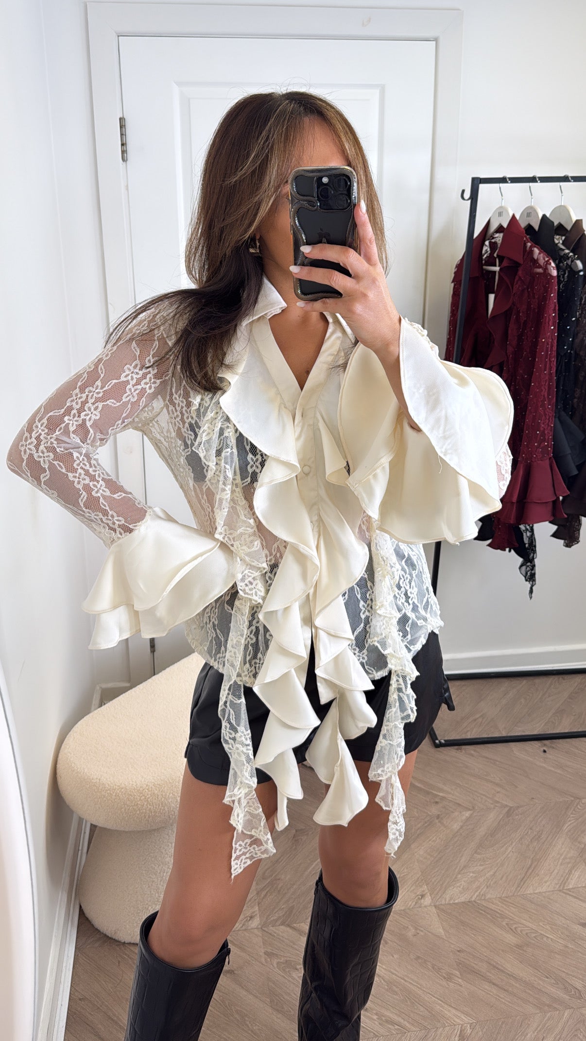 FRANKIE cream lace blouse with ruffle & jewel detailing