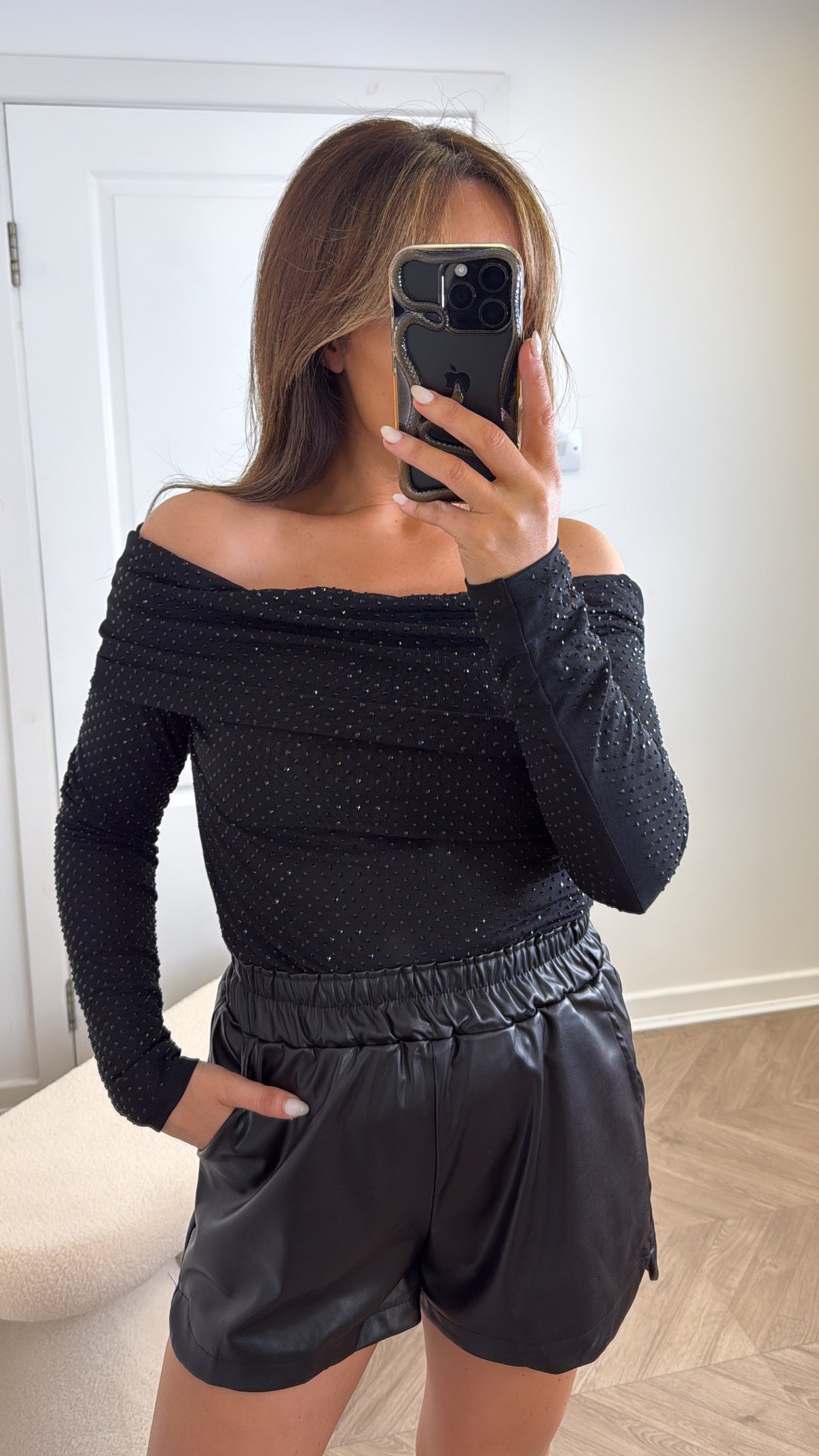 ROXANNE black stud detail bardot top
