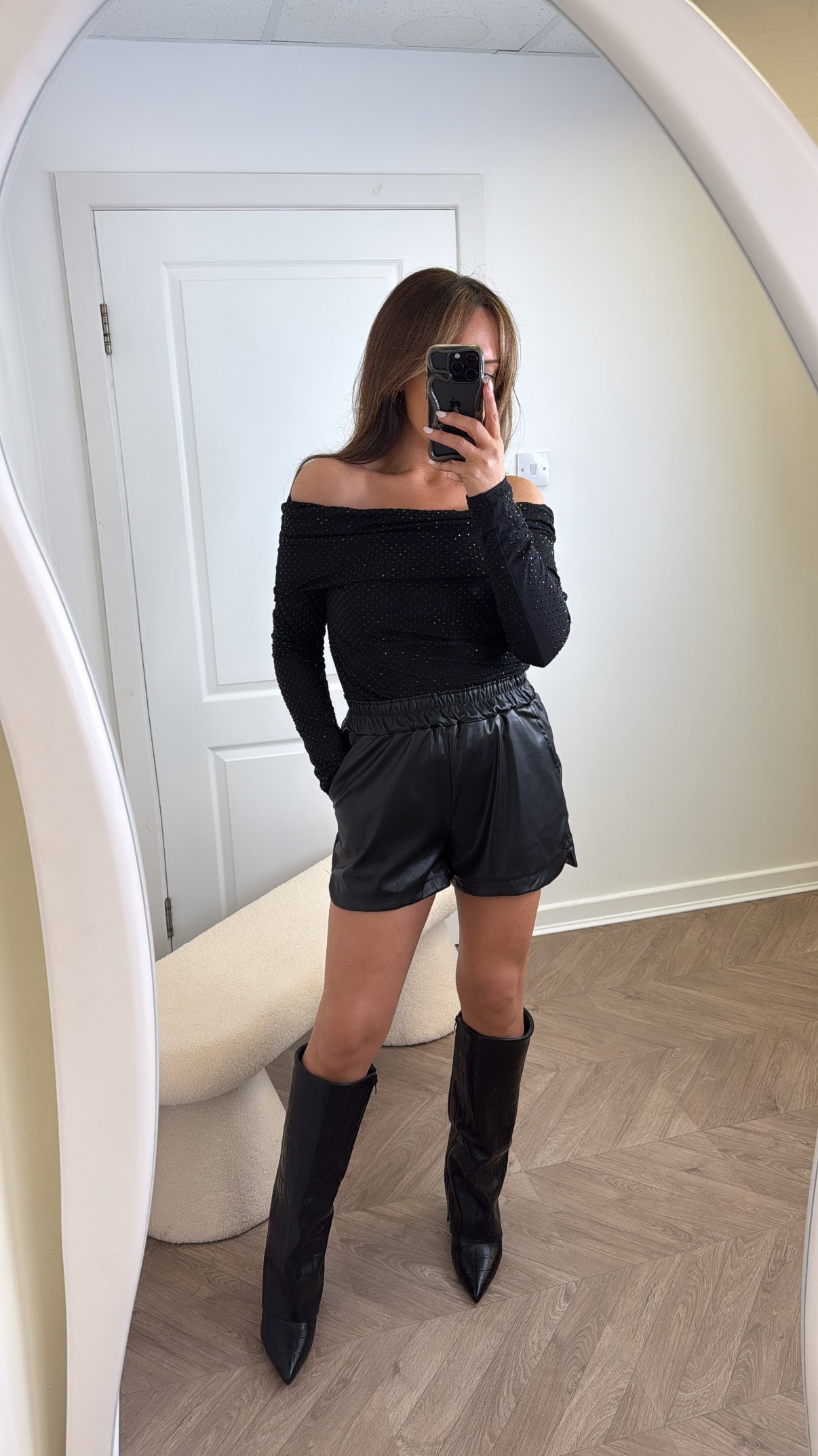 ROXANNE black stud detail bardot top