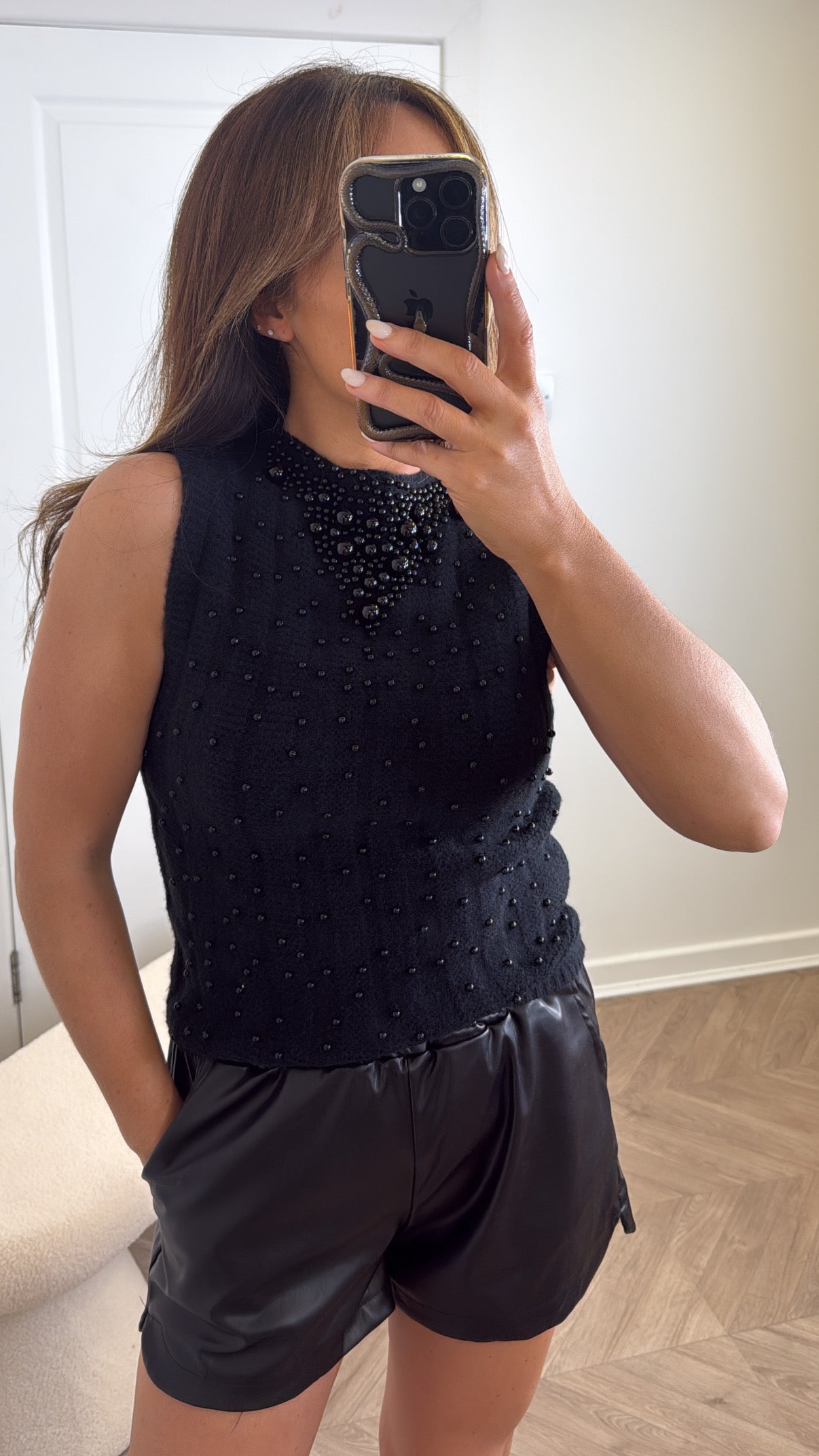 BILLIE black pearl embellished knitted vest