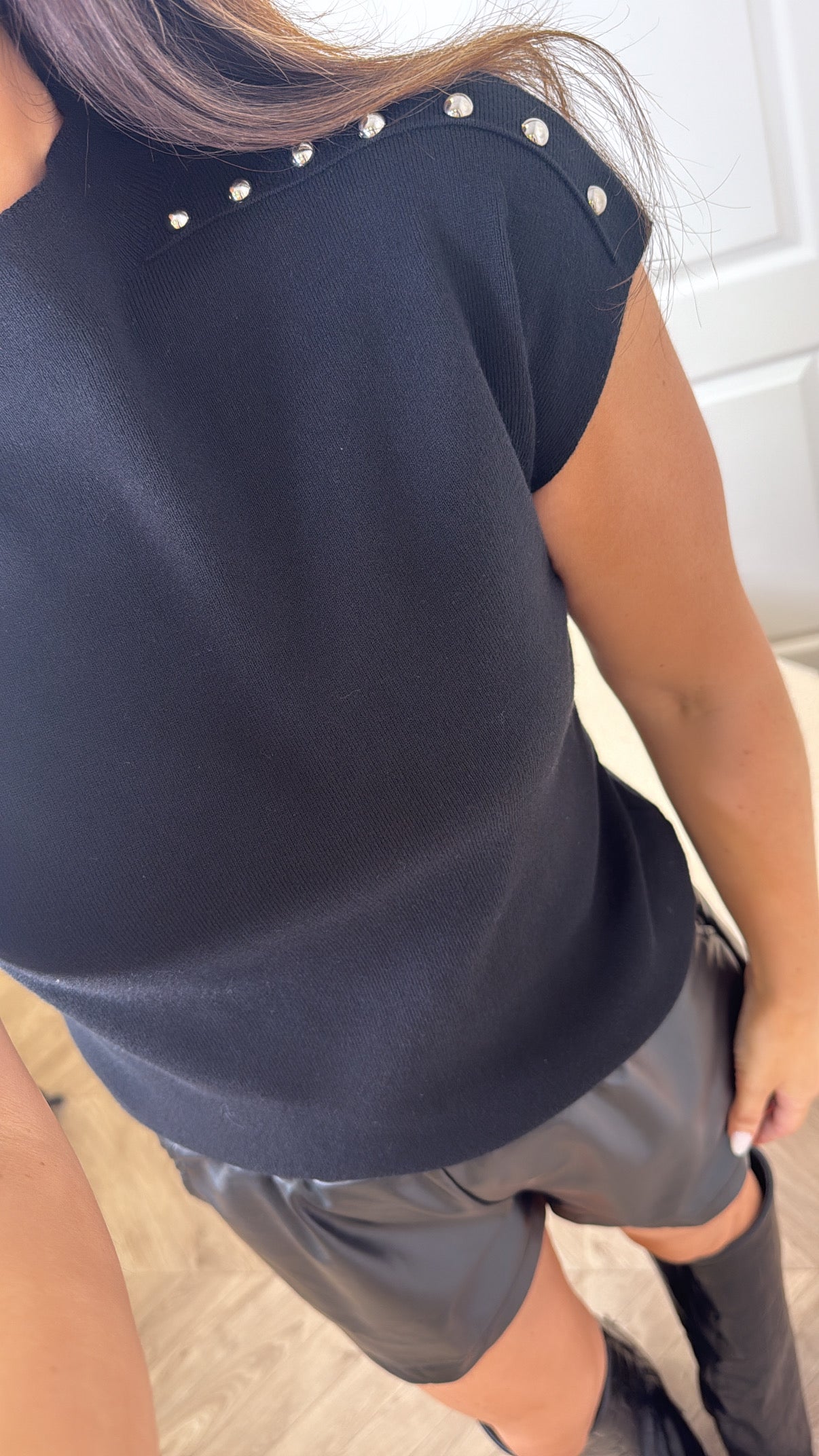 KAYLA black fine knit stud detail top