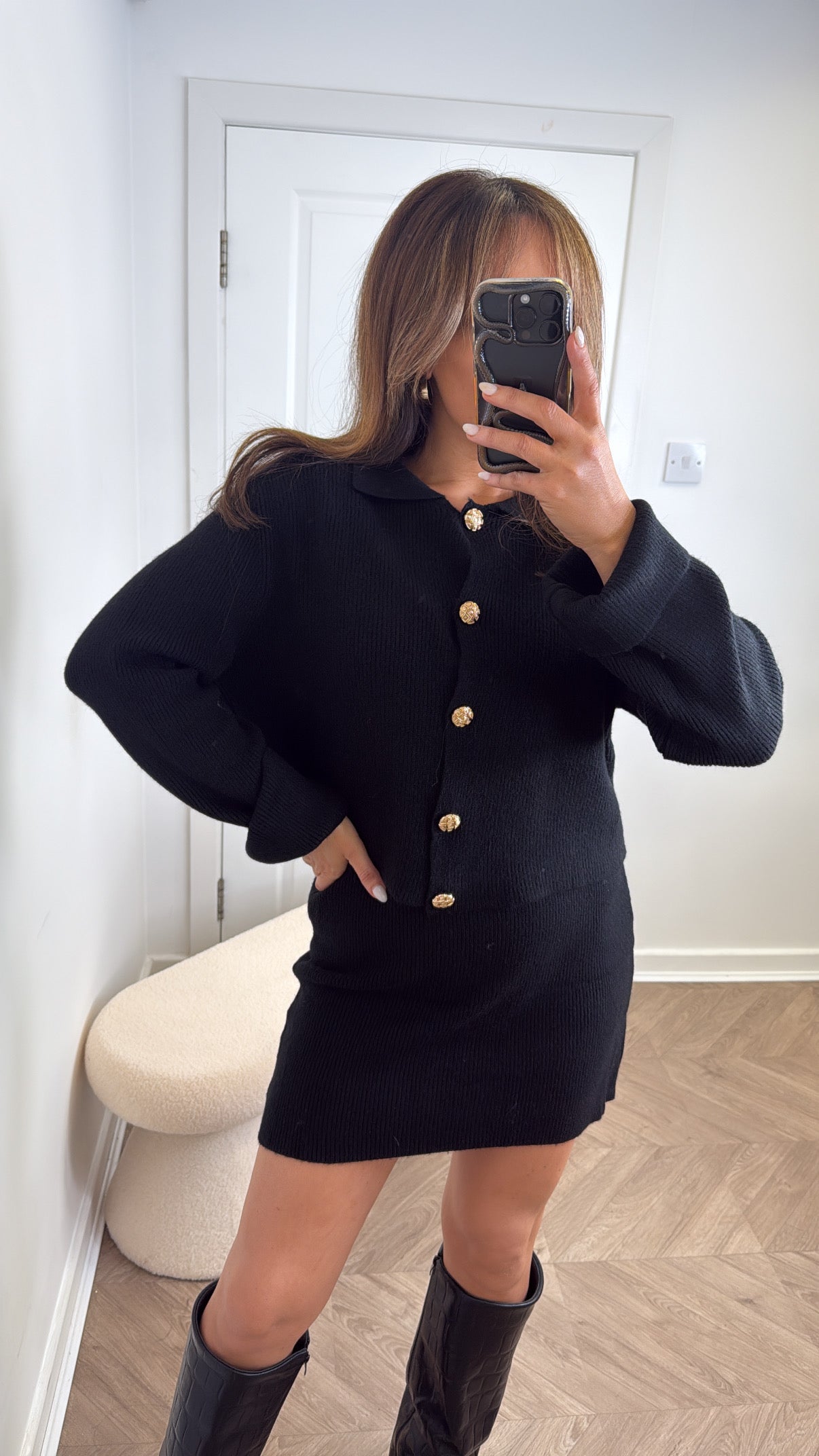 BELLA black knitted cardigan and skirt co-ord