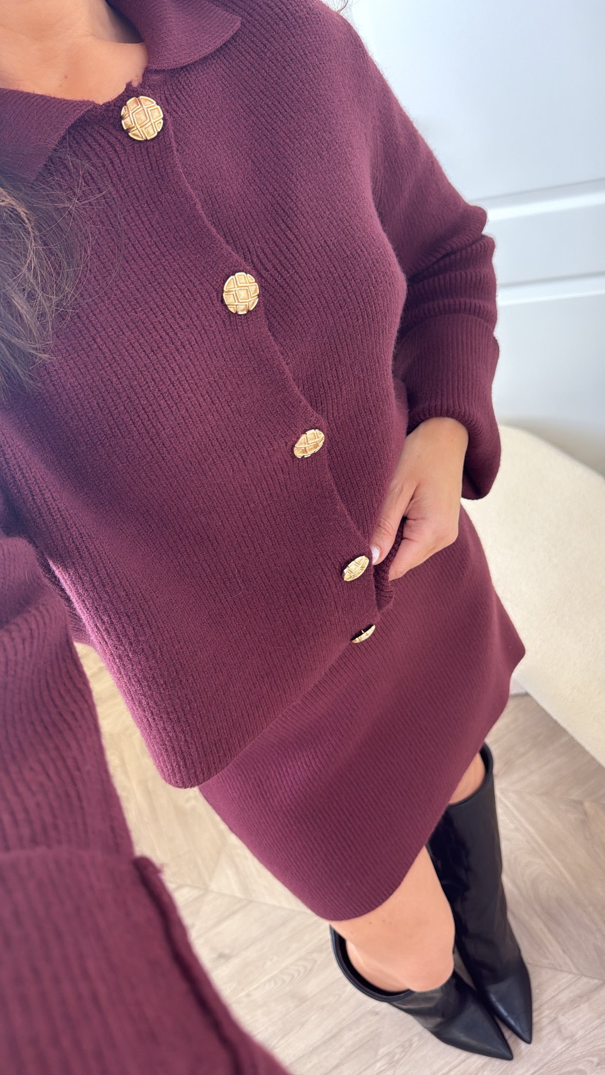 BELLA burgundy knitted cardigan and skirt co-ord