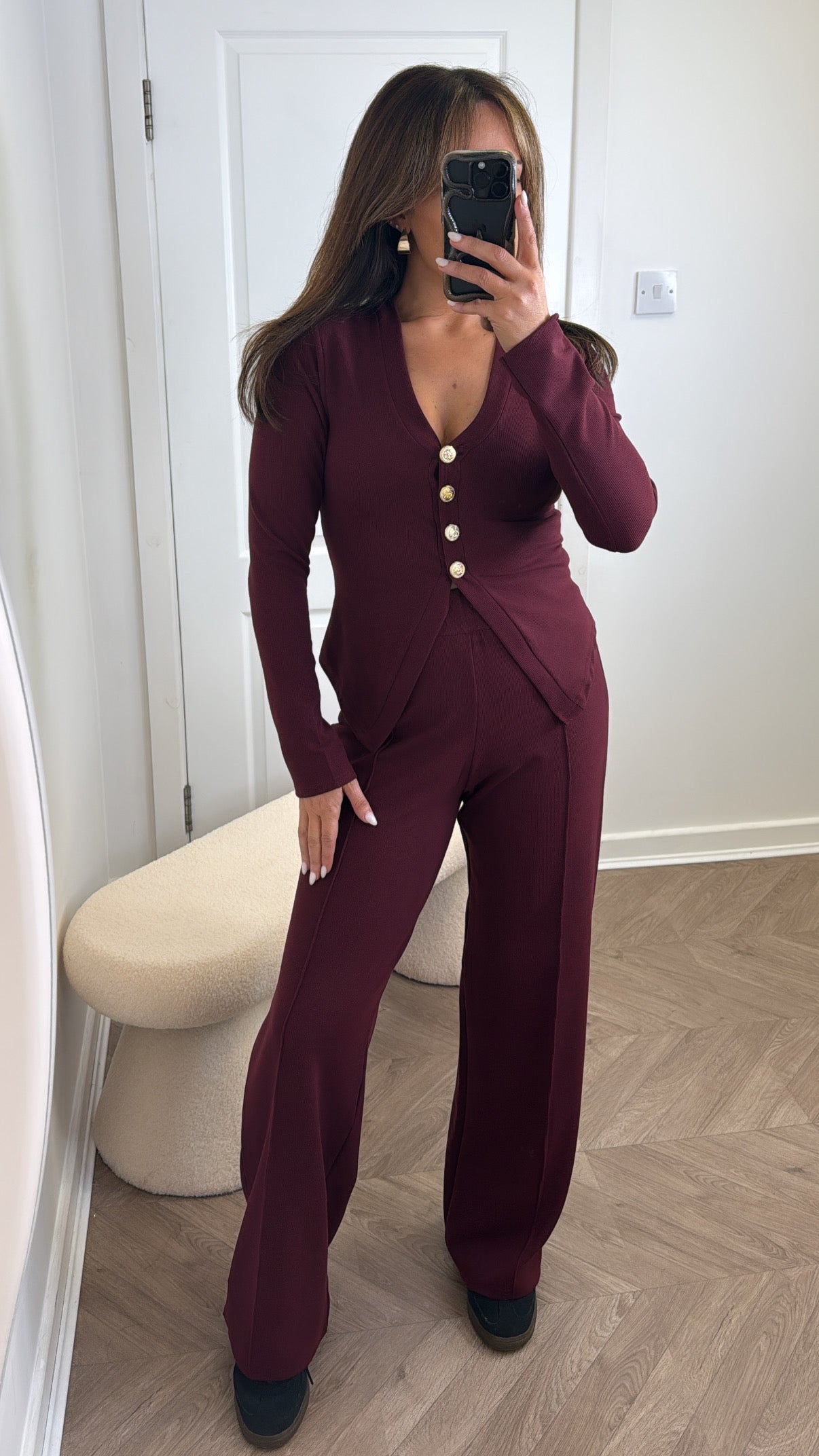 CASSIE burgundy gold button top and trousers co-ord