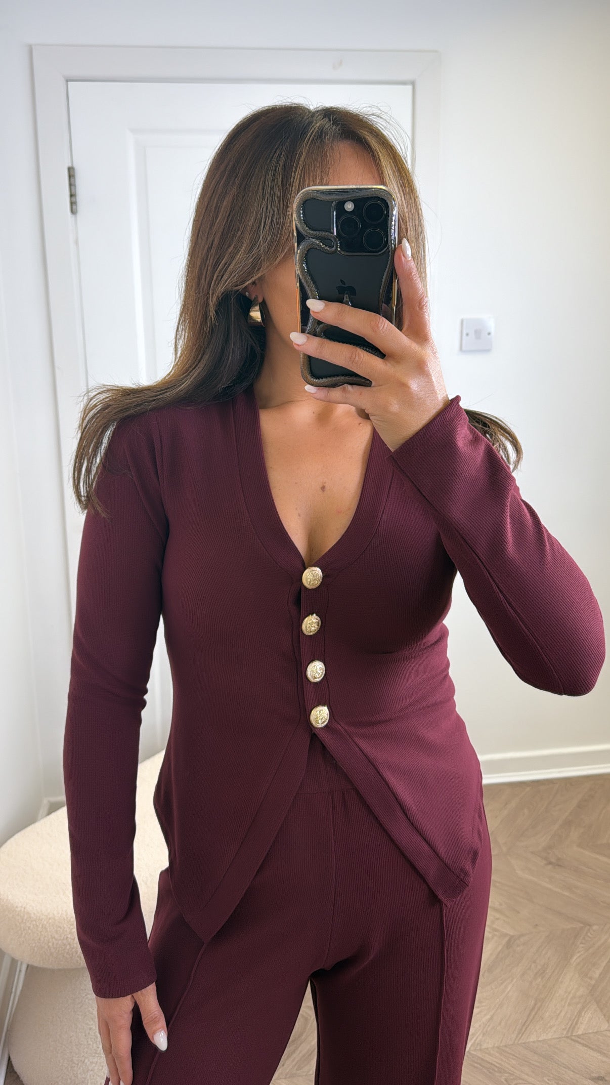 CASSIE burgundy gold button top and trousers co-ord