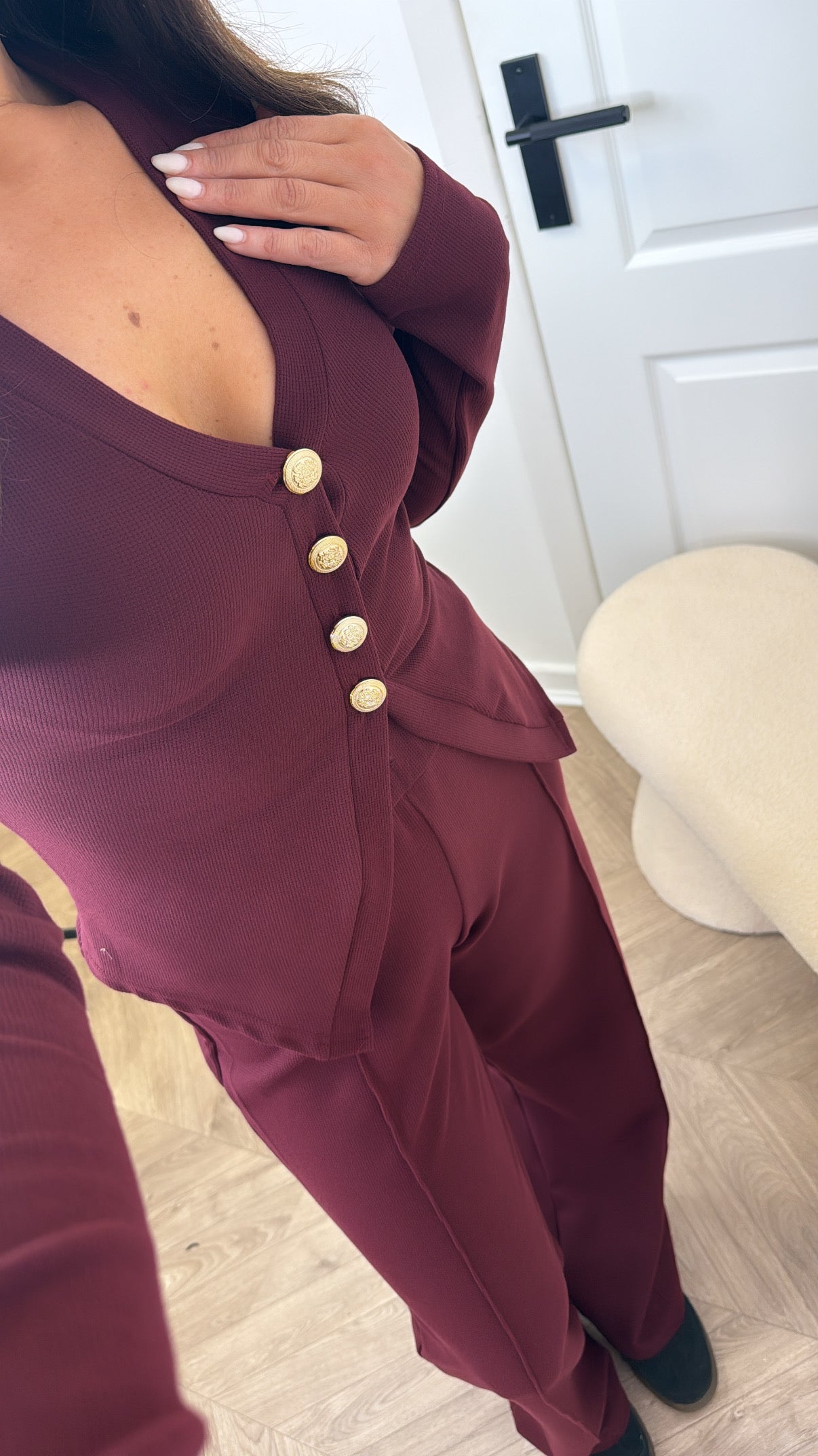 CASSIE burgundy gold button top and trousers co-ord