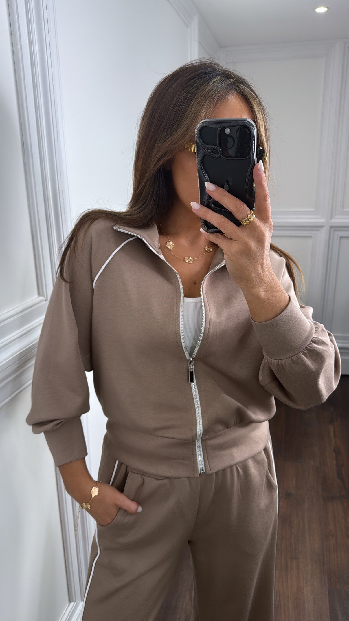ORLA mocha and white stripe zip jacket and wide trouser tracksuit