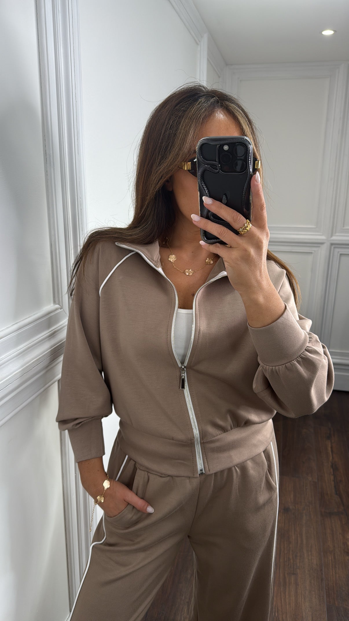 ORLA mocha and white stripe zip jacket and wide trouser tracksuit