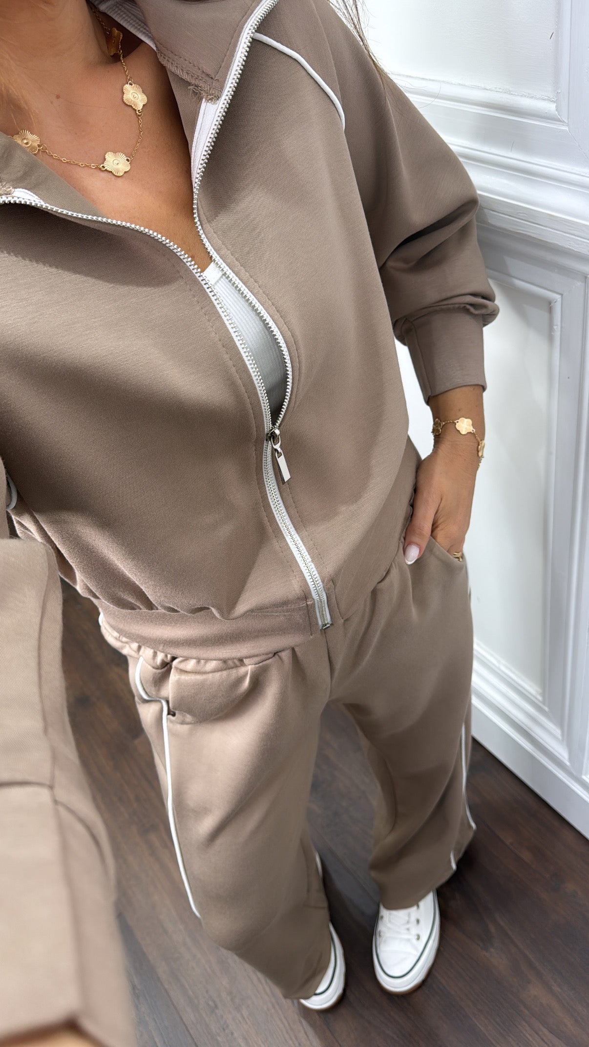 ORLA mocha and white stripe zip jacket and wide trouser tracksuit