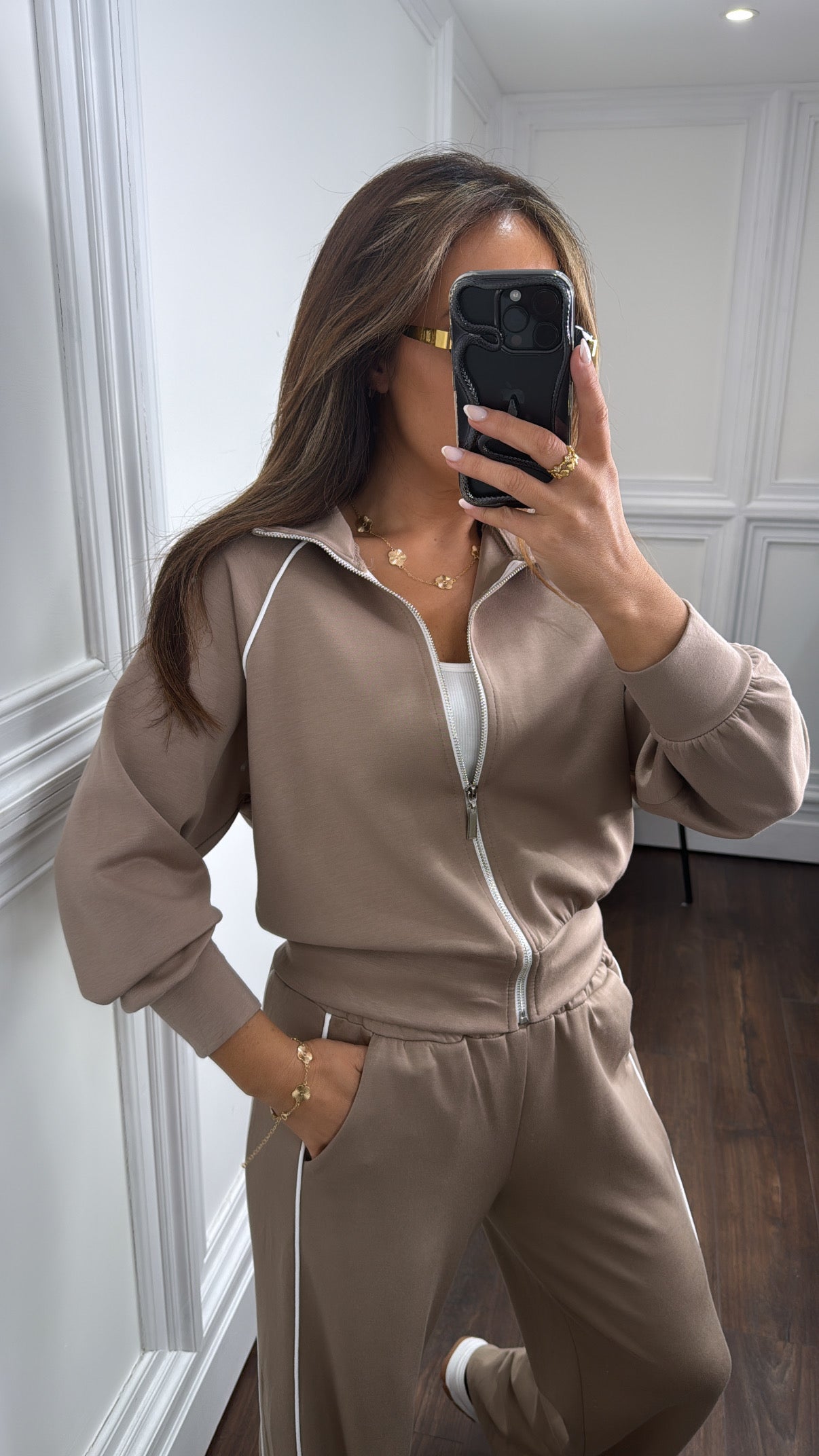 ORLA mocha and white stripe zip jacket and wide trouser tracksuit