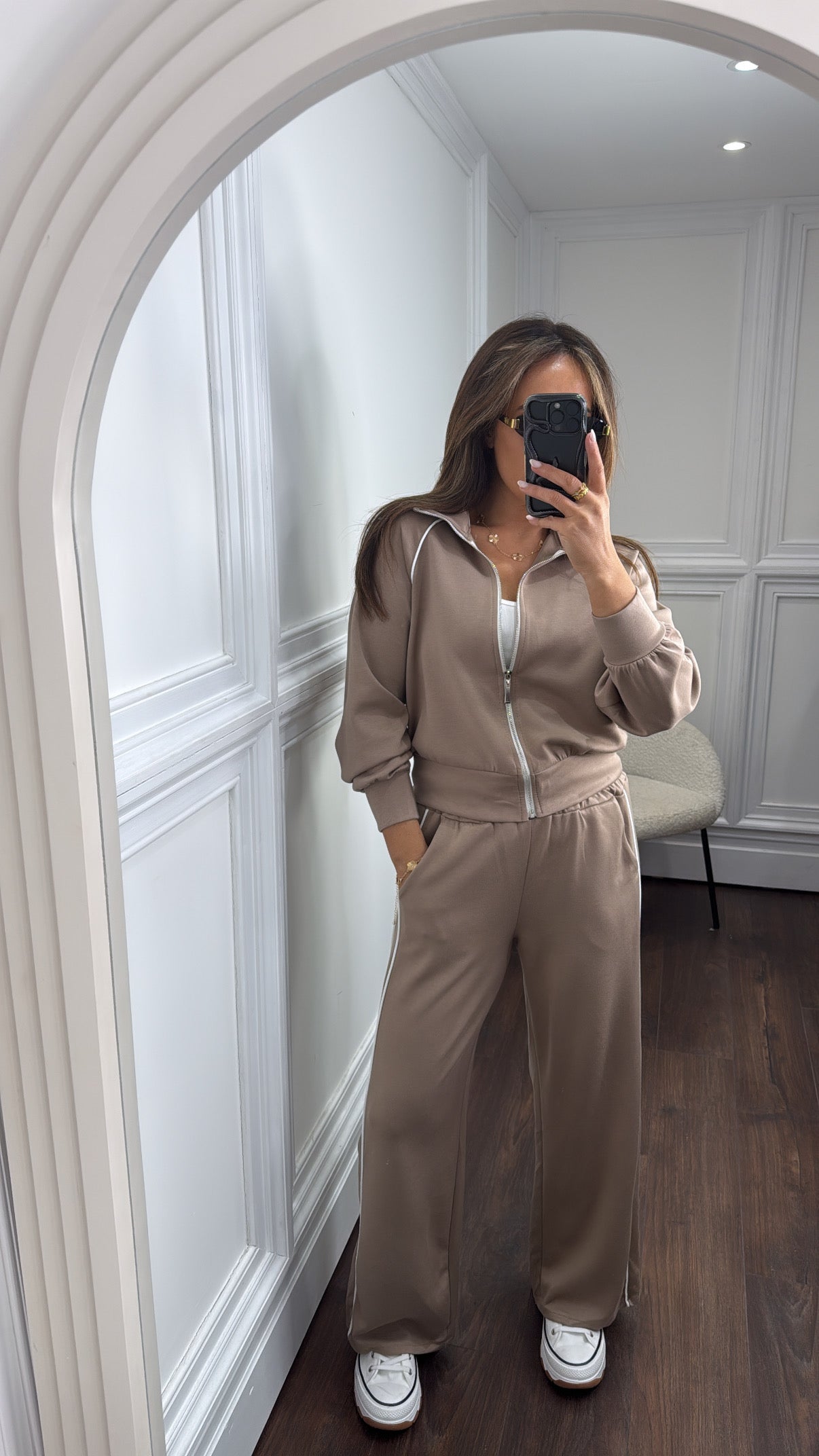 ORLA mocha and white stripe zip jacket and wide trouser tracksuit