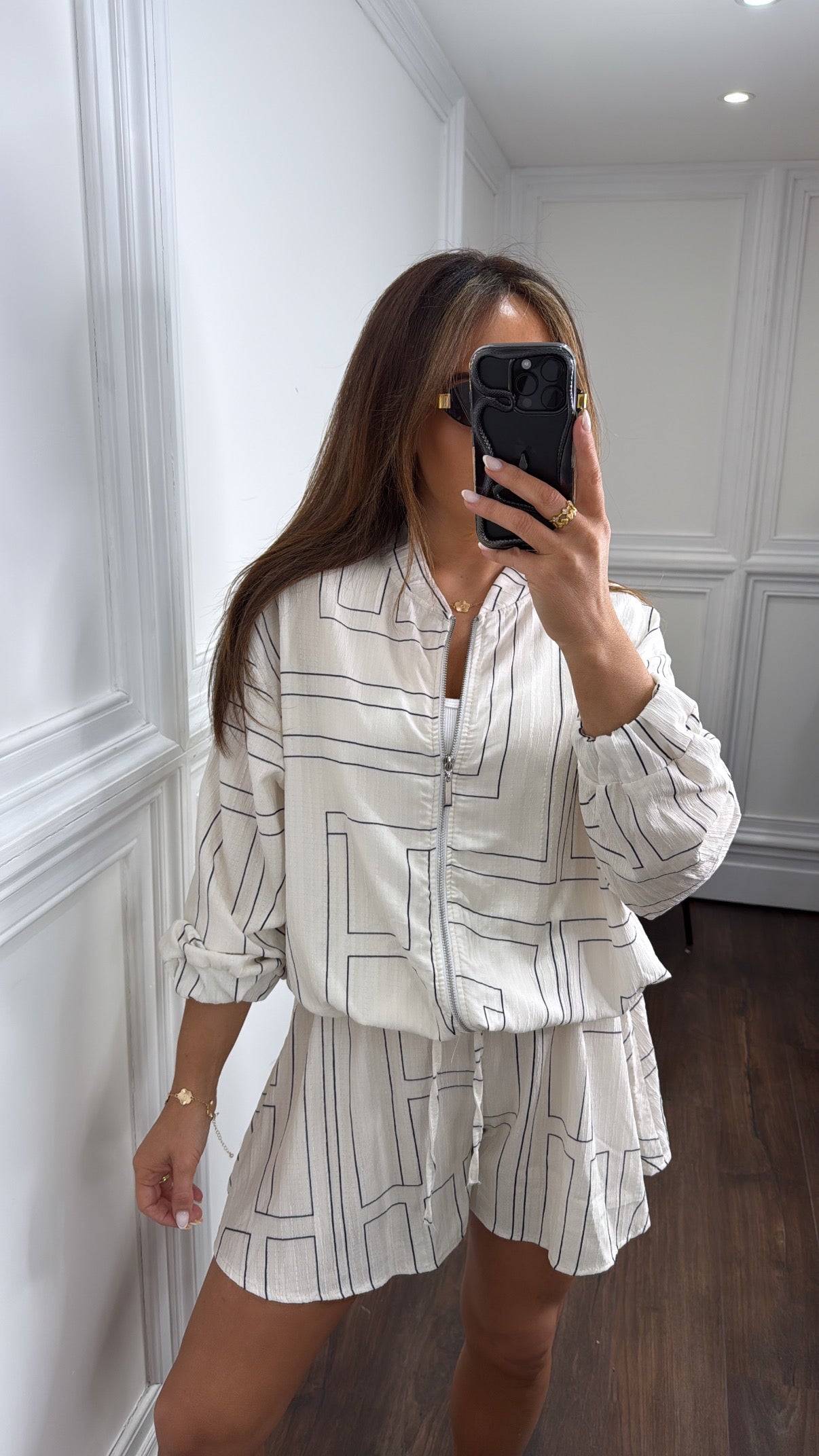 GEOMETRIC cream and black zip jacket and shorts co-ord