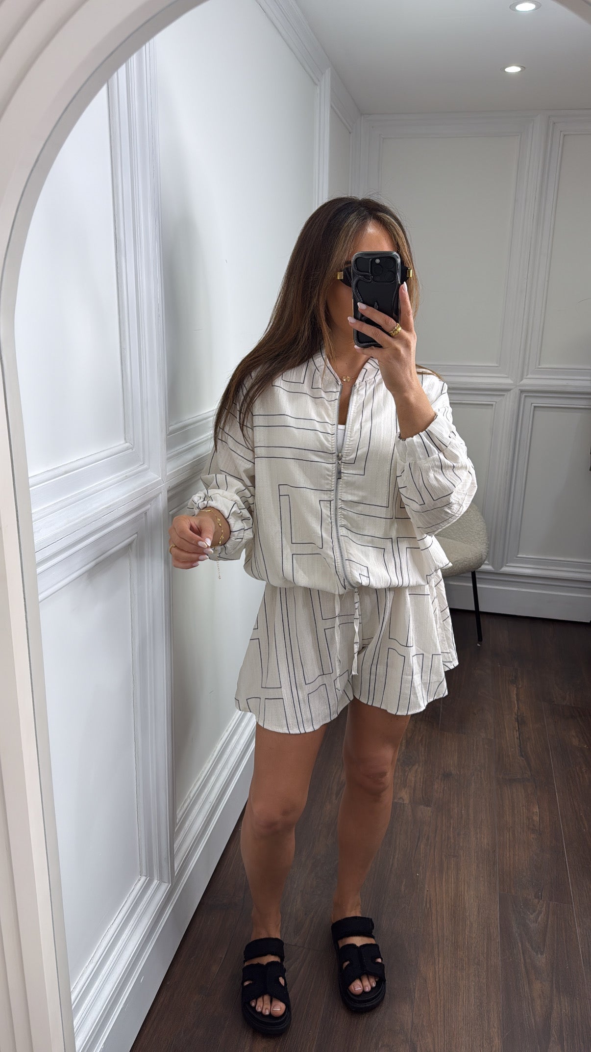 GEOMETRIC cream and black zip jacket and shorts co-ord