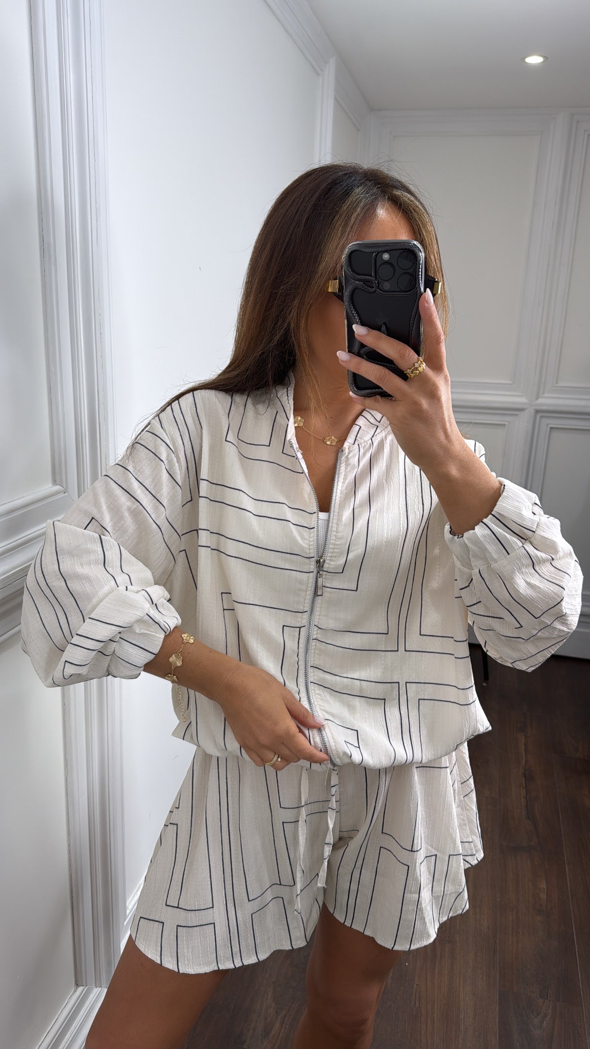 GEOMETRIC cream and black zip jacket and shorts co-ord