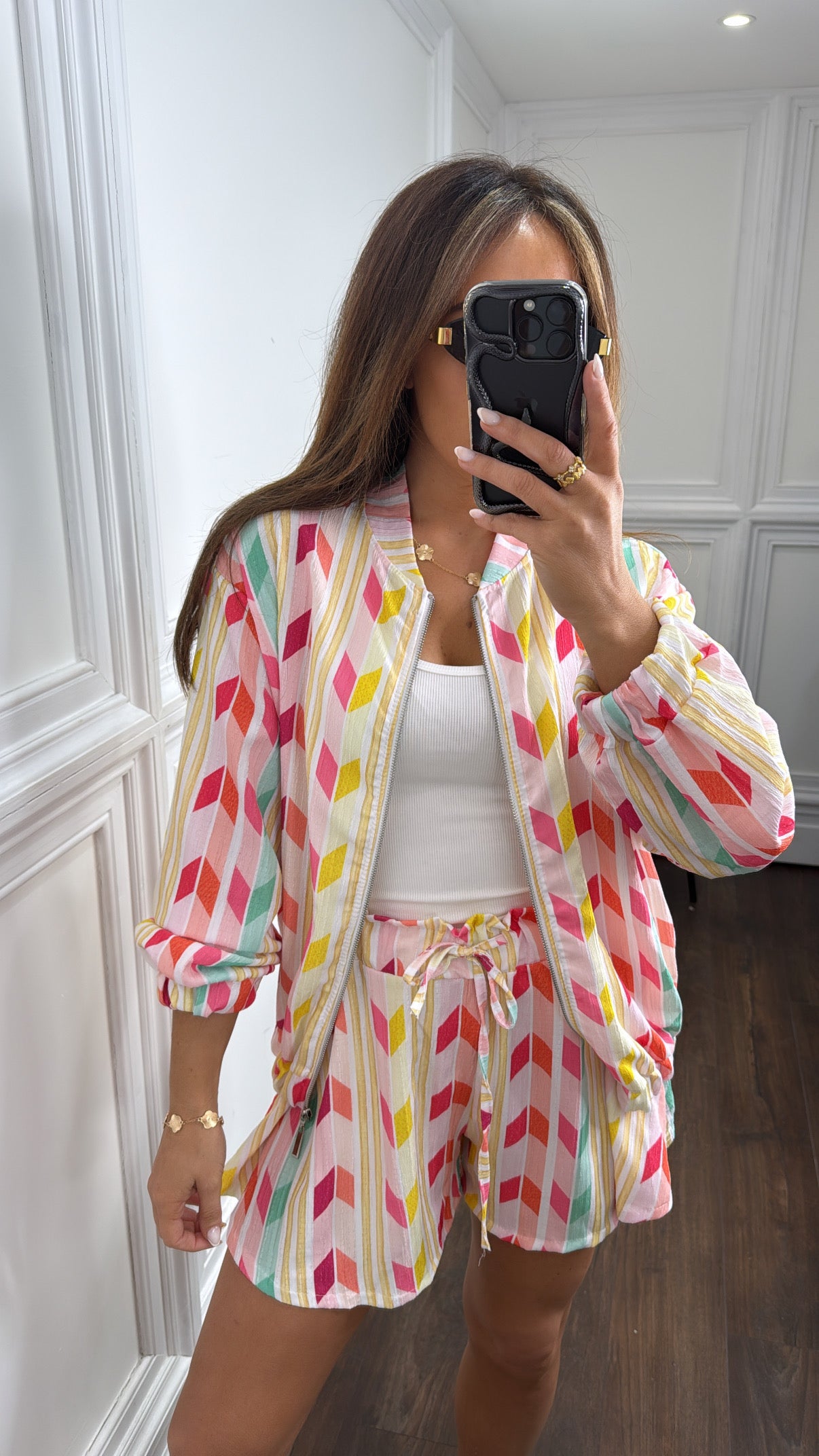 CHEVRON pink and multi zip jacket and shorts co-ord