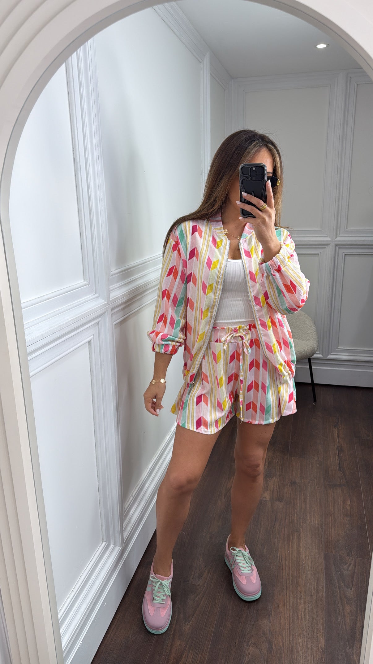 CHEVRON pink and multi zip jacket and shorts co-ord