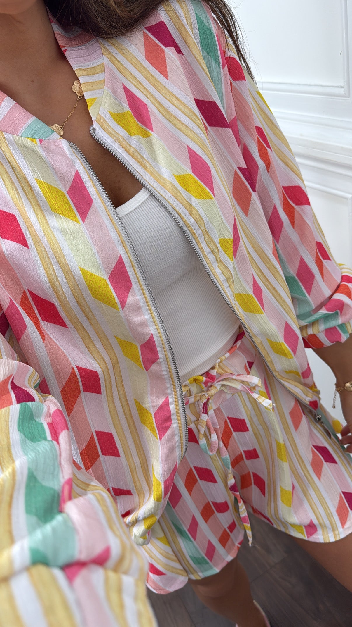 CHEVRON pink and multi zip jacket and shorts co-ord