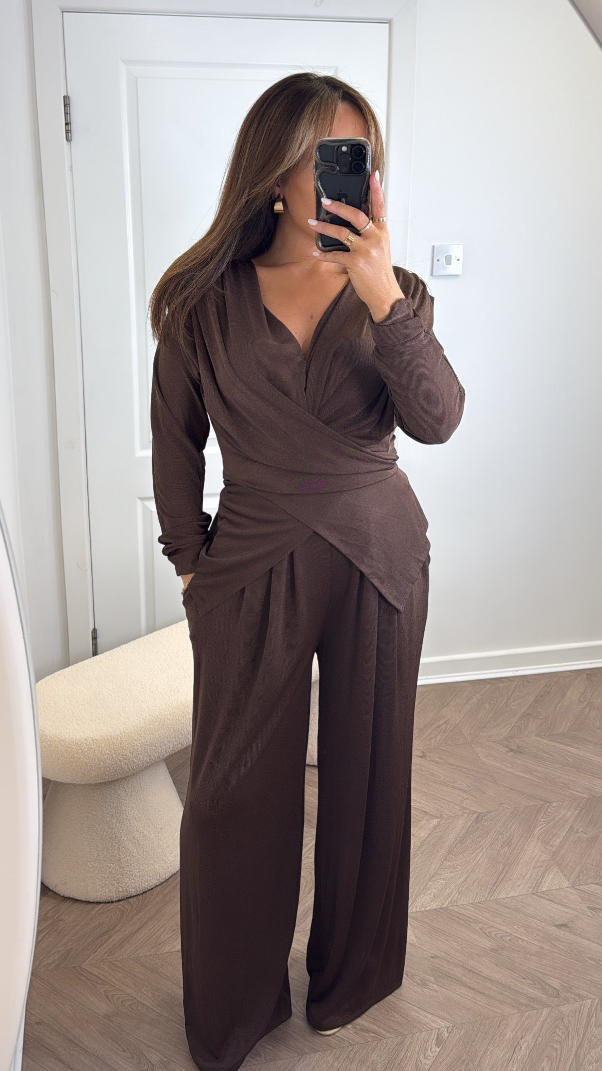 LARA brown slinky wrap front co-ord with shoulder pads