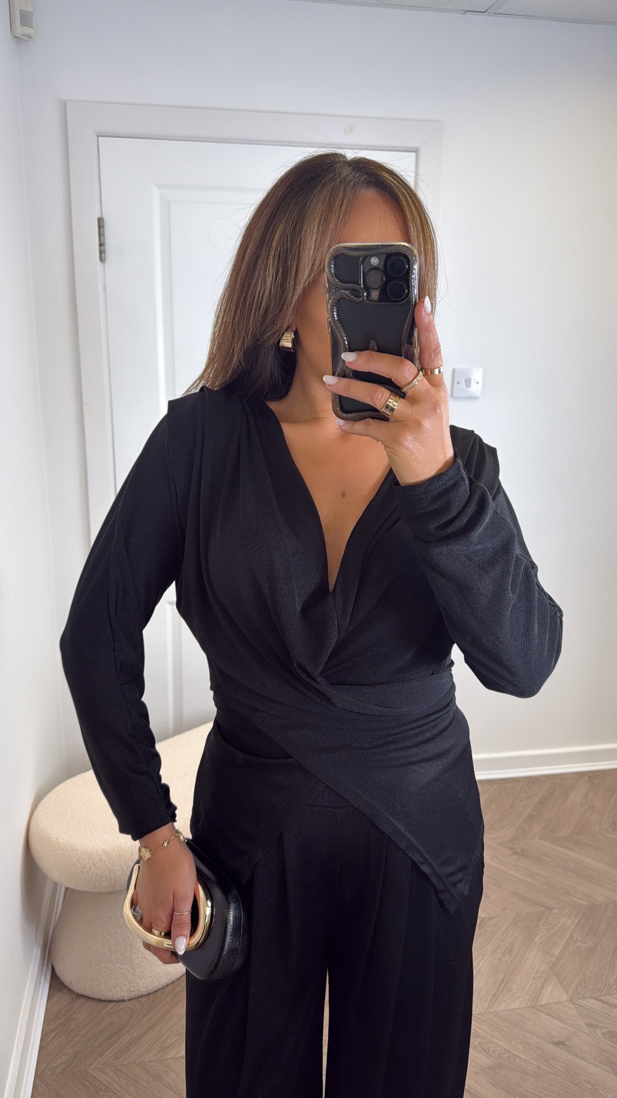 LARA black slinky wrap front co-ord with shoulder pads