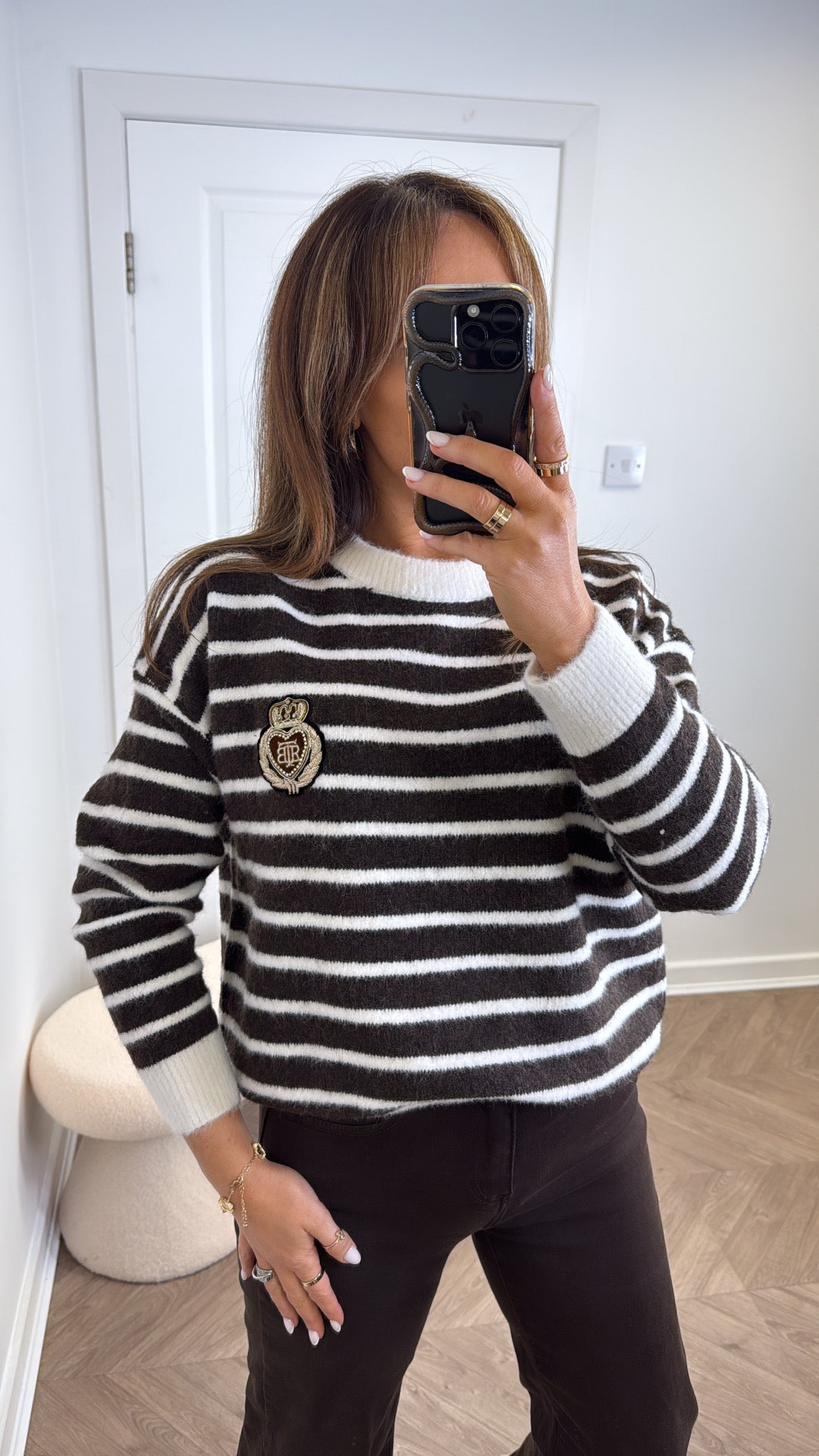 LILY brown striped jumper with embroidered crest logo