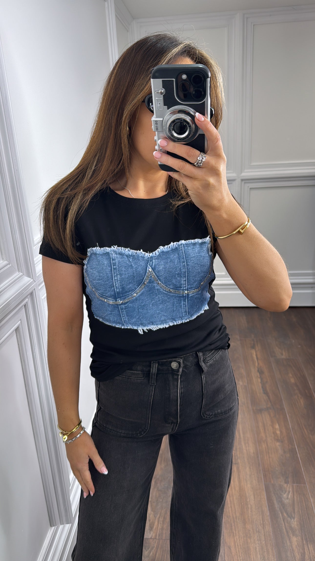 NATALIE black denim corset detail tshirt