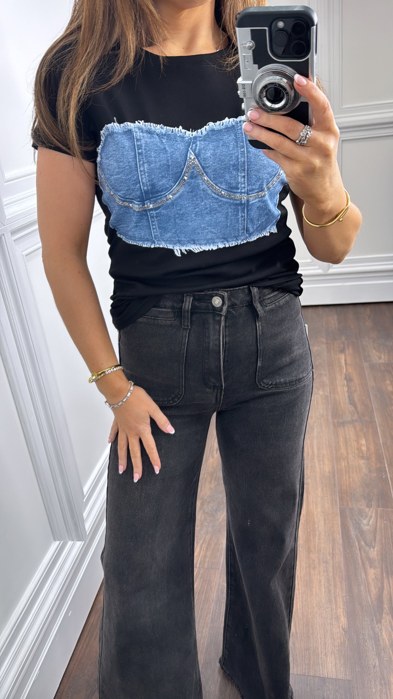 NATALIE black denim corset detail tshirt