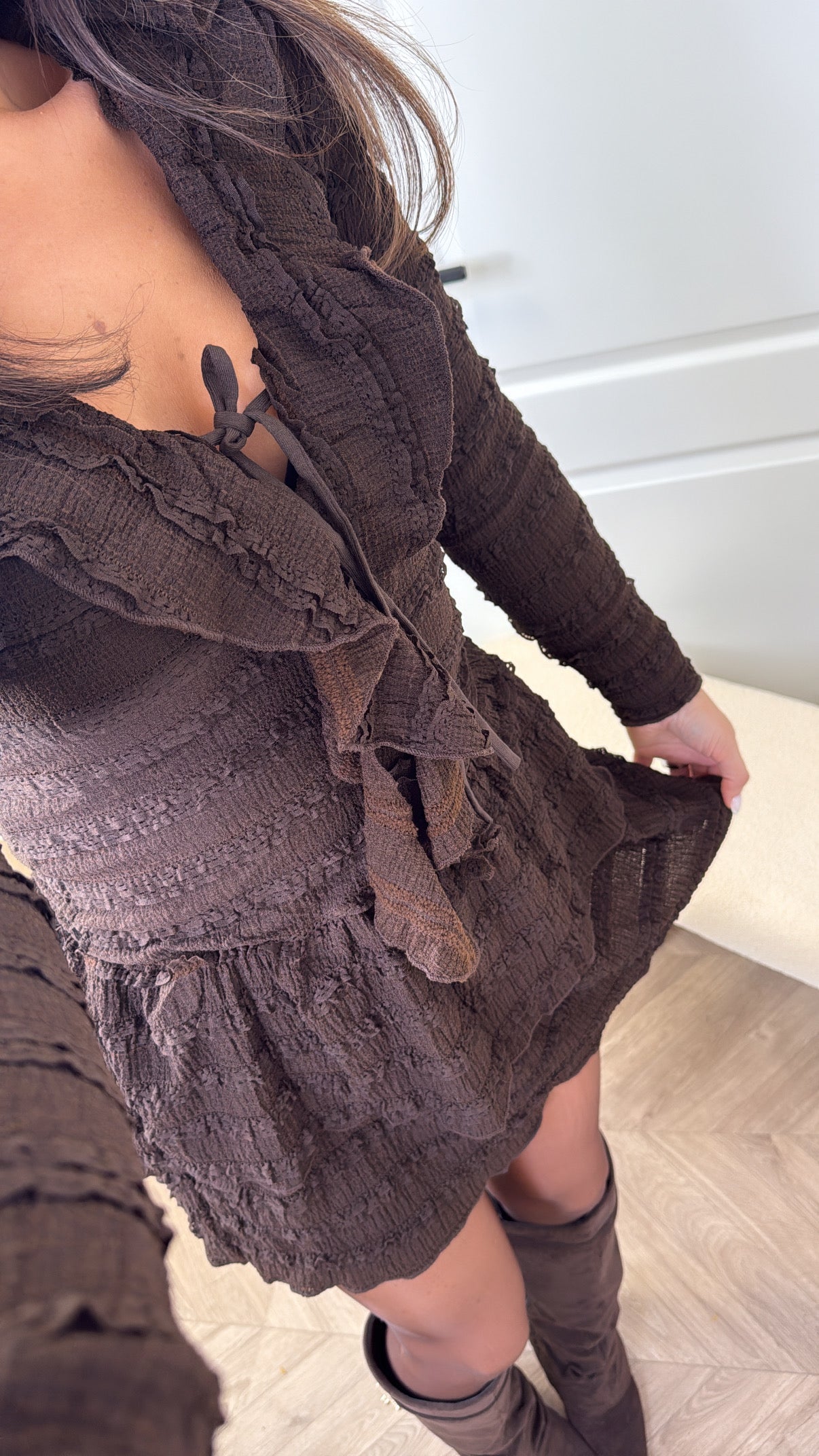 KIMMY brown textured ruffle dress