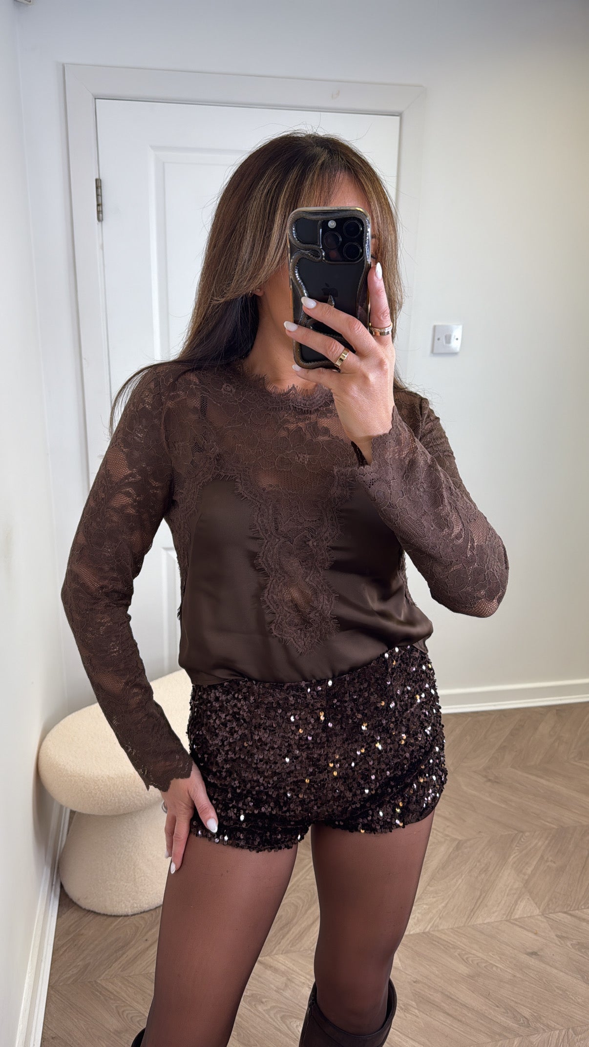 NIKKI brown satin and lace detail top