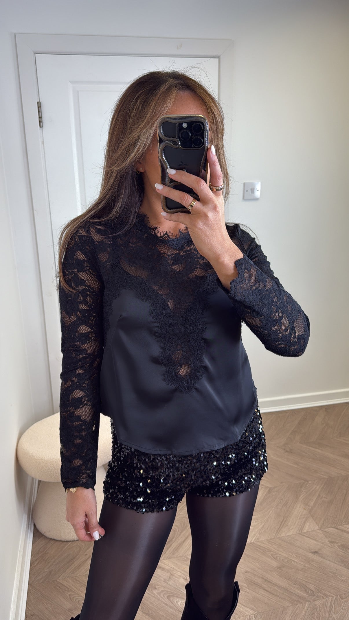 NIKKI black satin and lace detail top