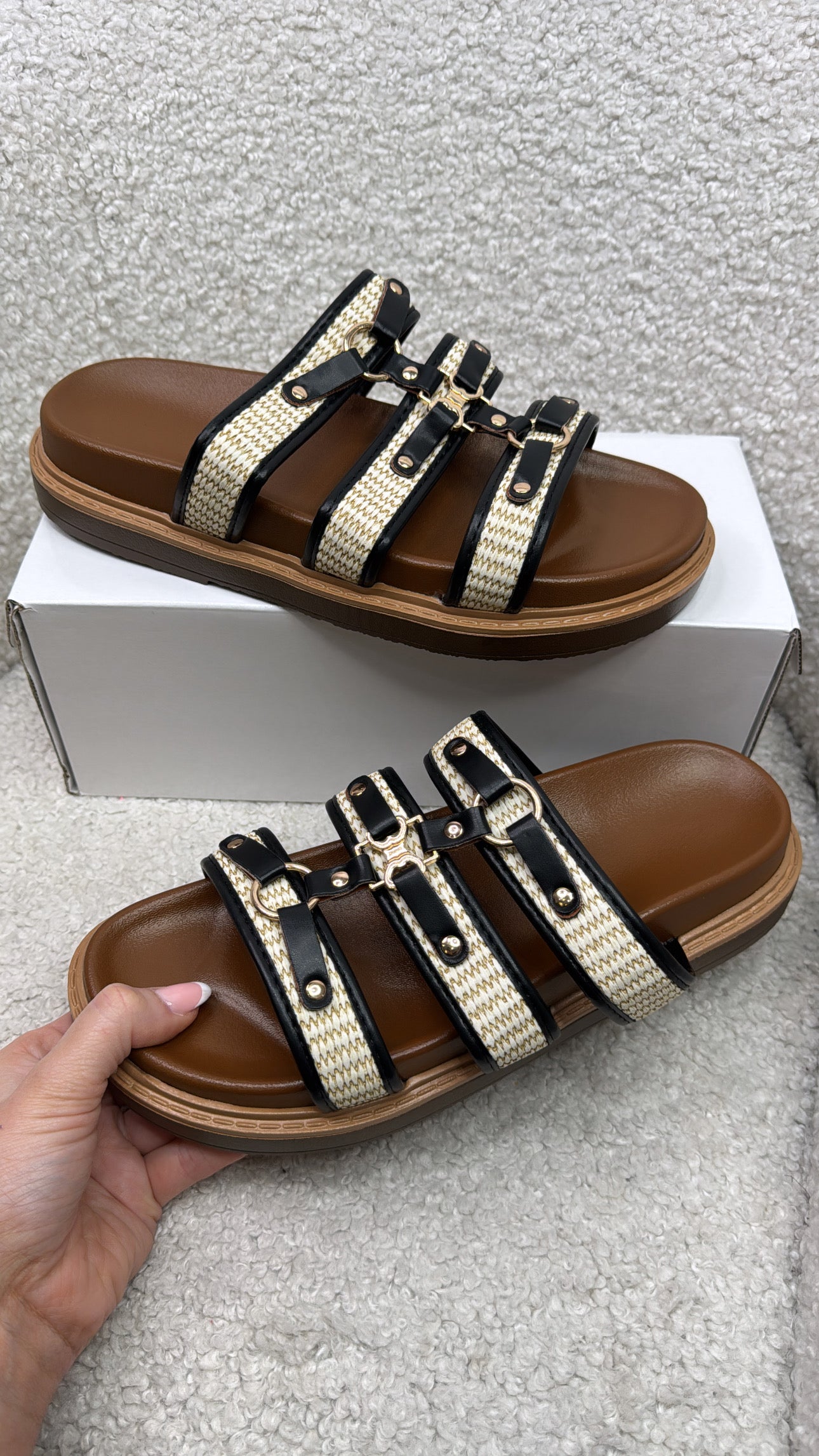 CARMELLA black woven slider sandals