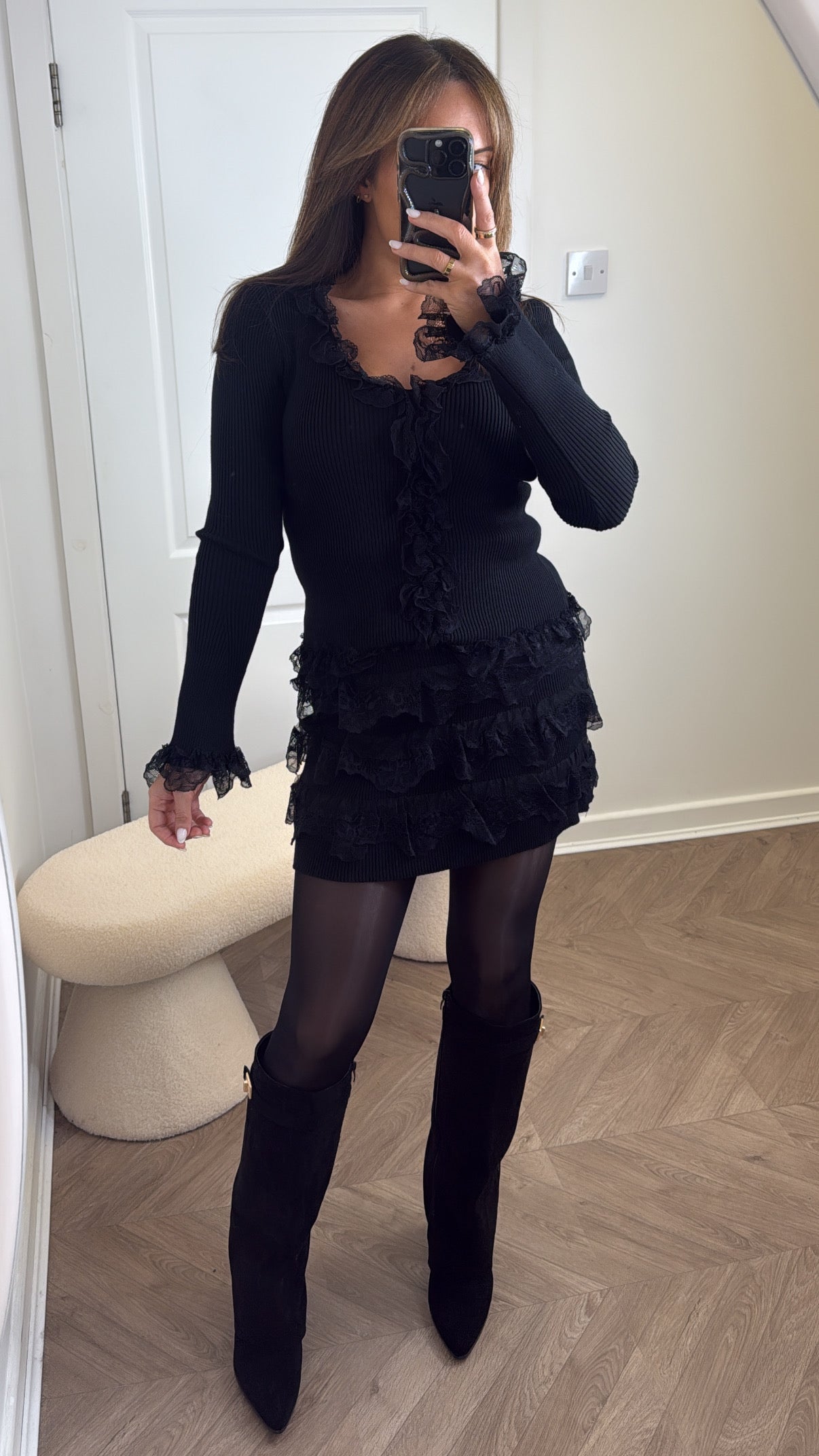 ANNALISE black with lace detail top and skirt co-ord