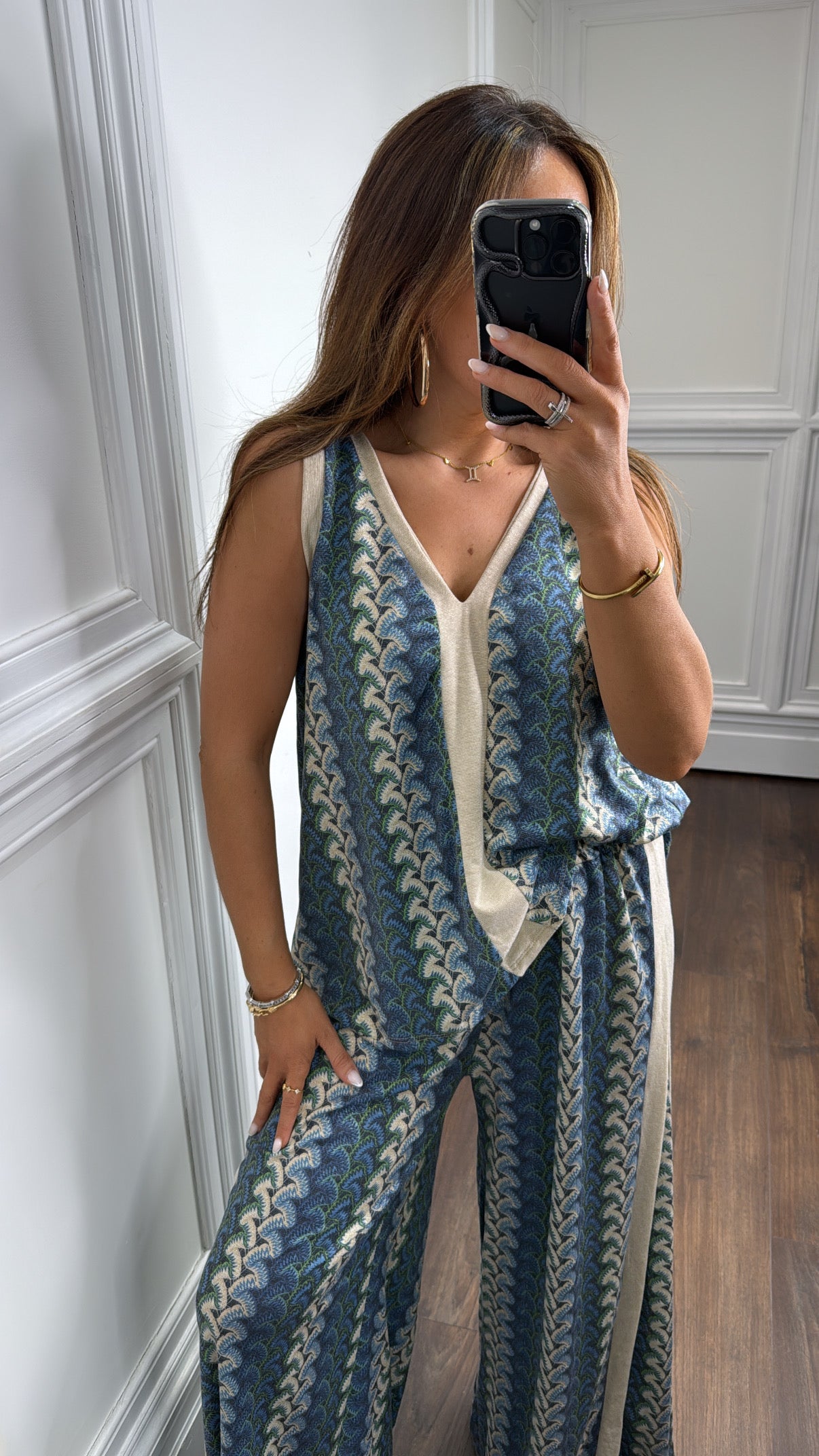 PELLA blue printed contrast trouser co-ord