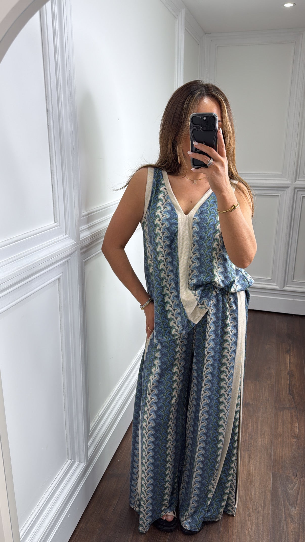 PELLA blue printed contrast trouser co-ord