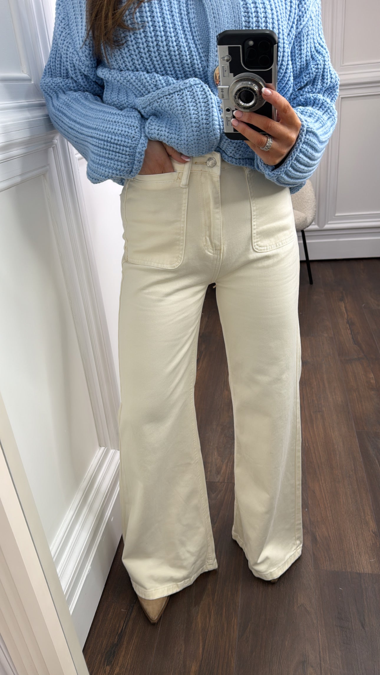 FERNE cream wash wide leg denim jeans
