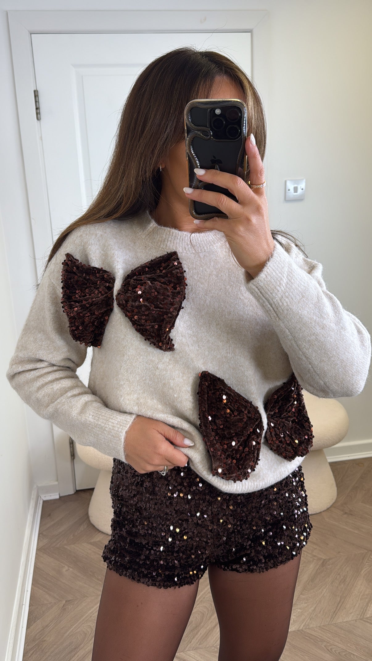 AMIEE beige soft knit jumper with sequin bows