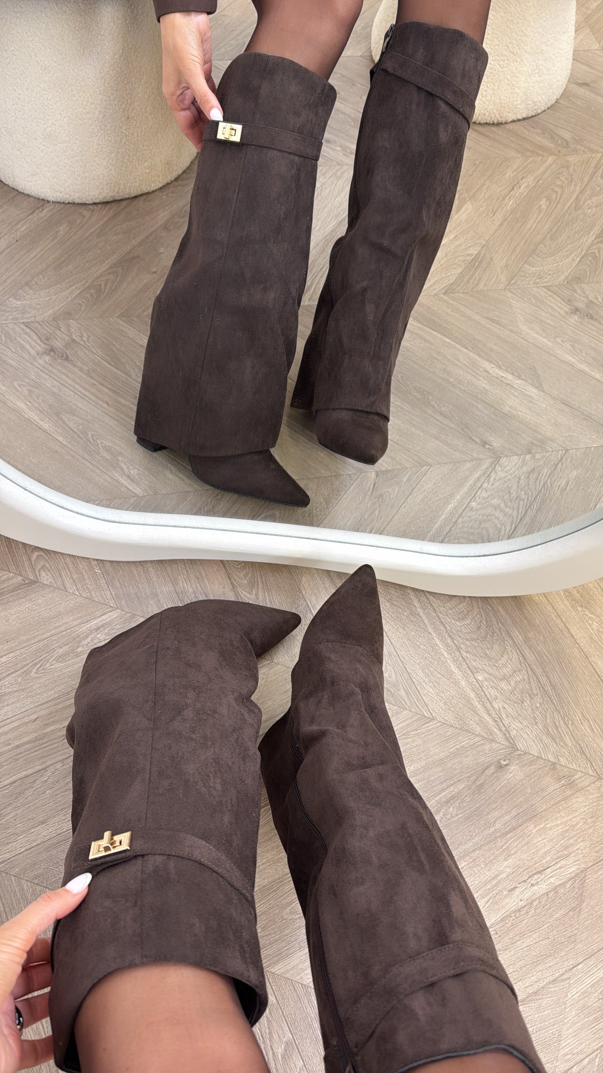 KONNIE brown fold down faux suede knee boots