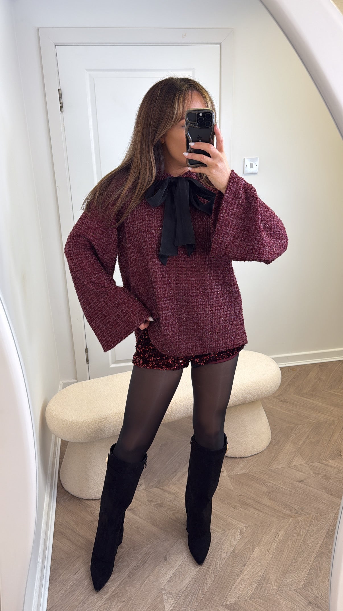 HOPE burgundy woven jumper with tie neck