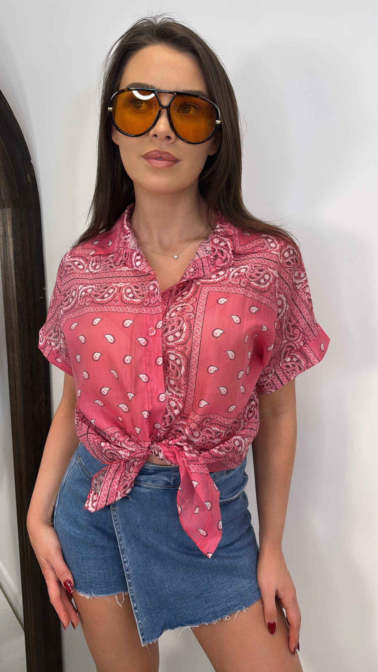 PARIS pink sheer twist front shirt