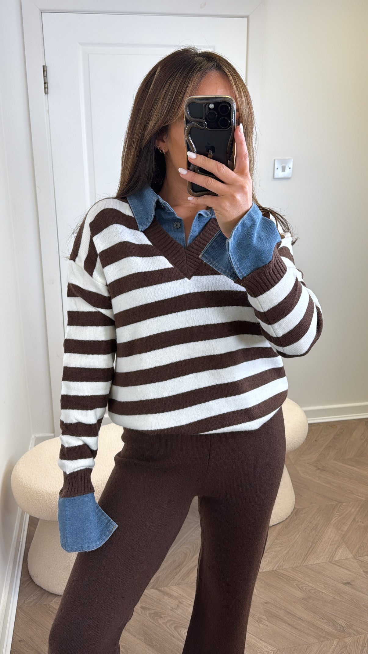 KRISTEN brown stripe knitted top and trousers co-ord