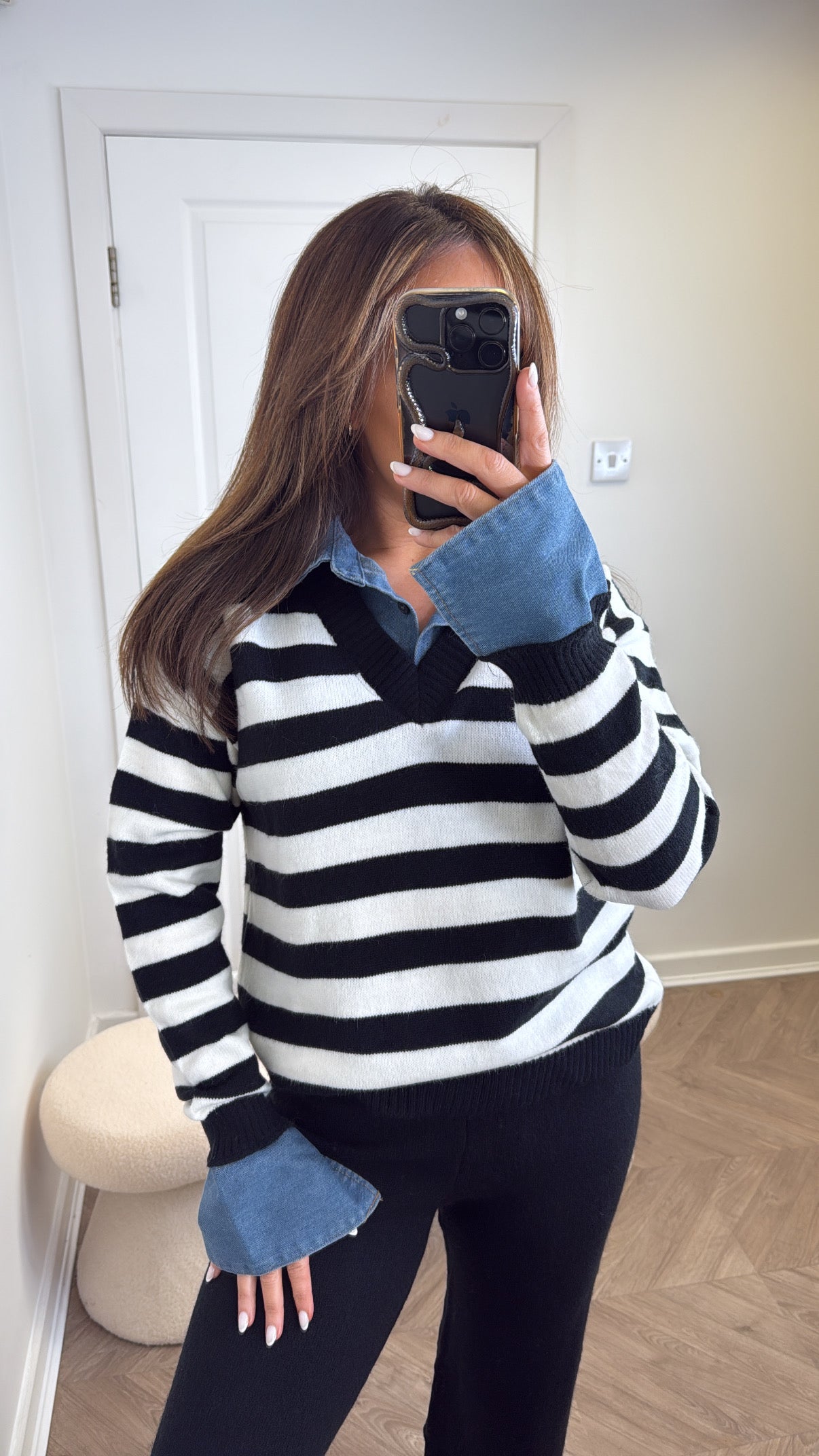 KRISTEN black stripe knitted top and trousers co-ord