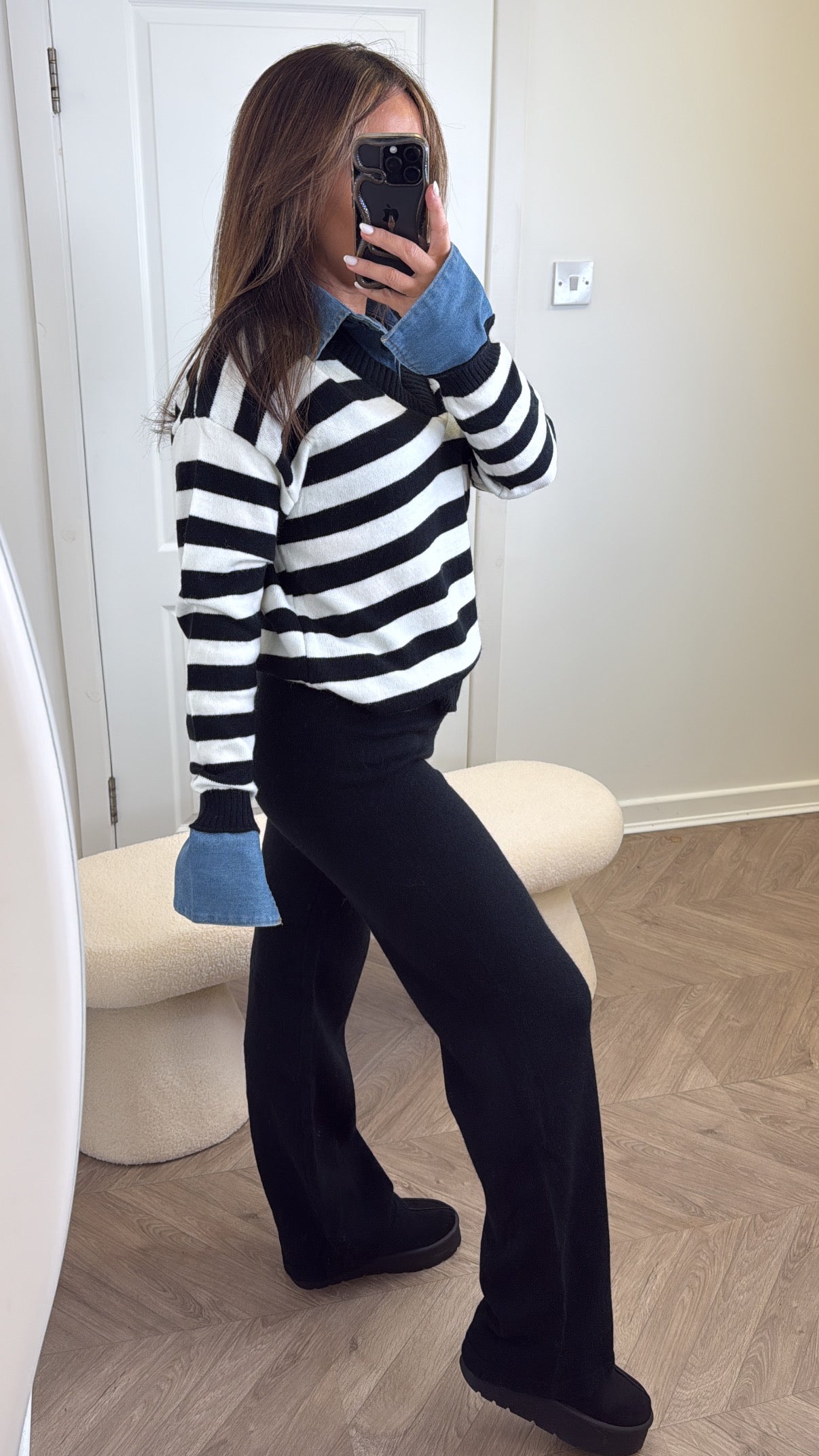 KRISTEN black stripe knitted top and trousers co-ord