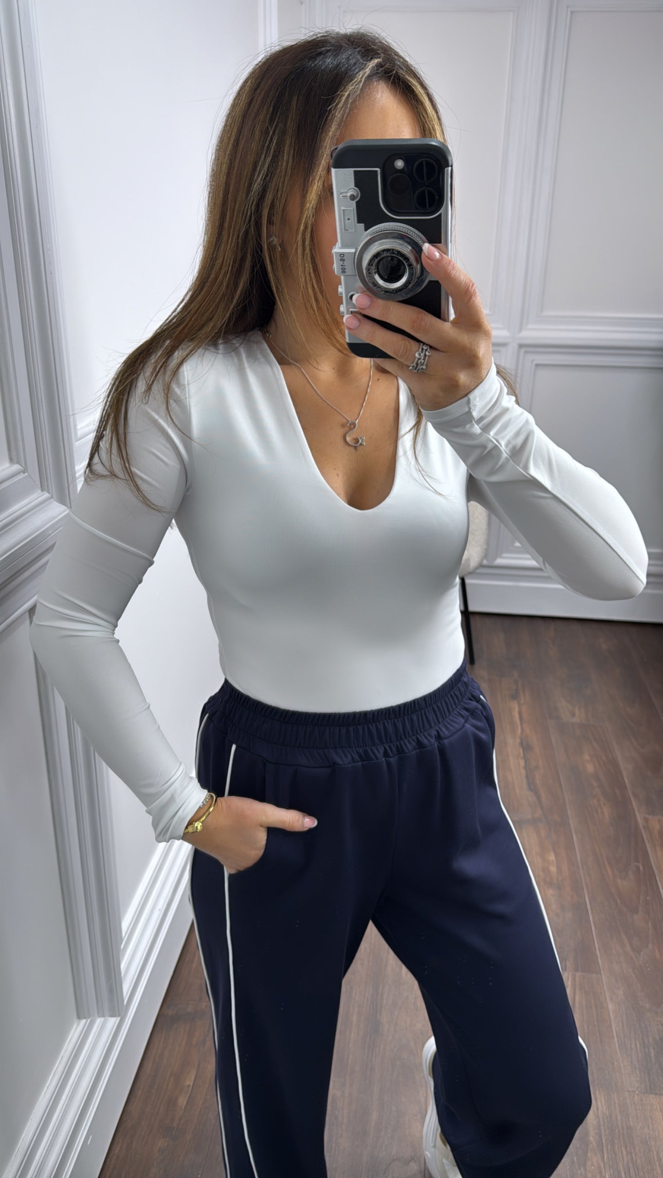 FAYE white slinky v-neck bodysuit