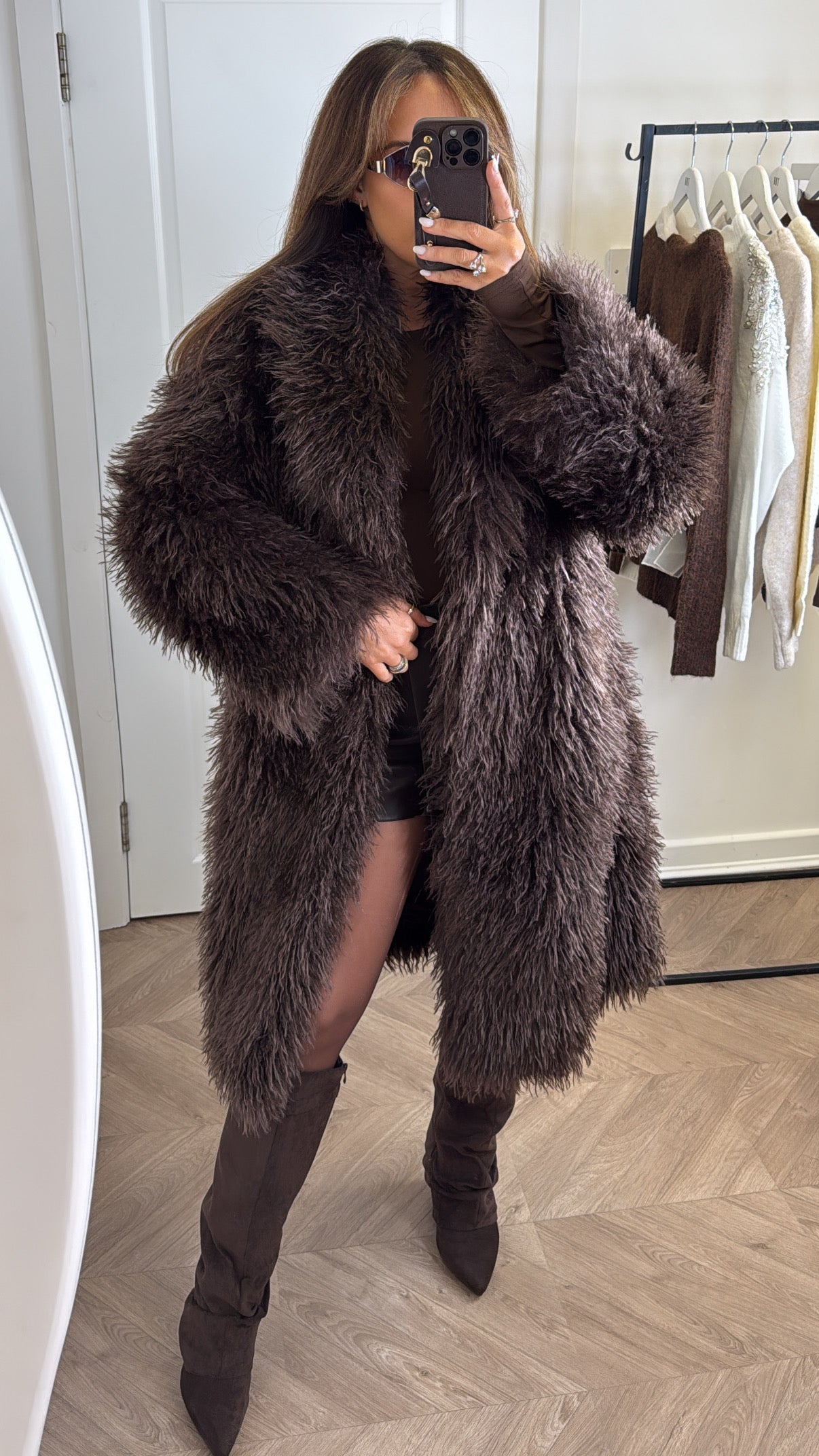 KHLOE brown oversize long faux fur coat