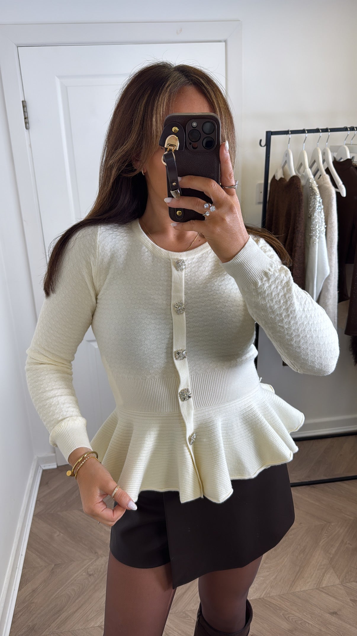 ELIZABETH cream textured jumper with diamante buttons