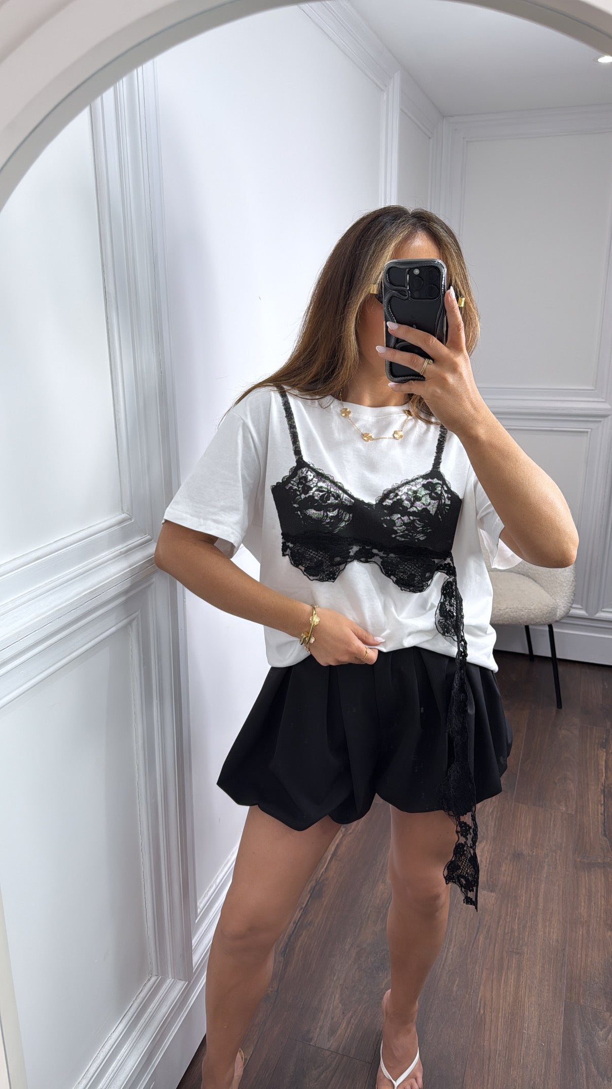 KIMBERLEY white t-shirt with black lace bralet overlay